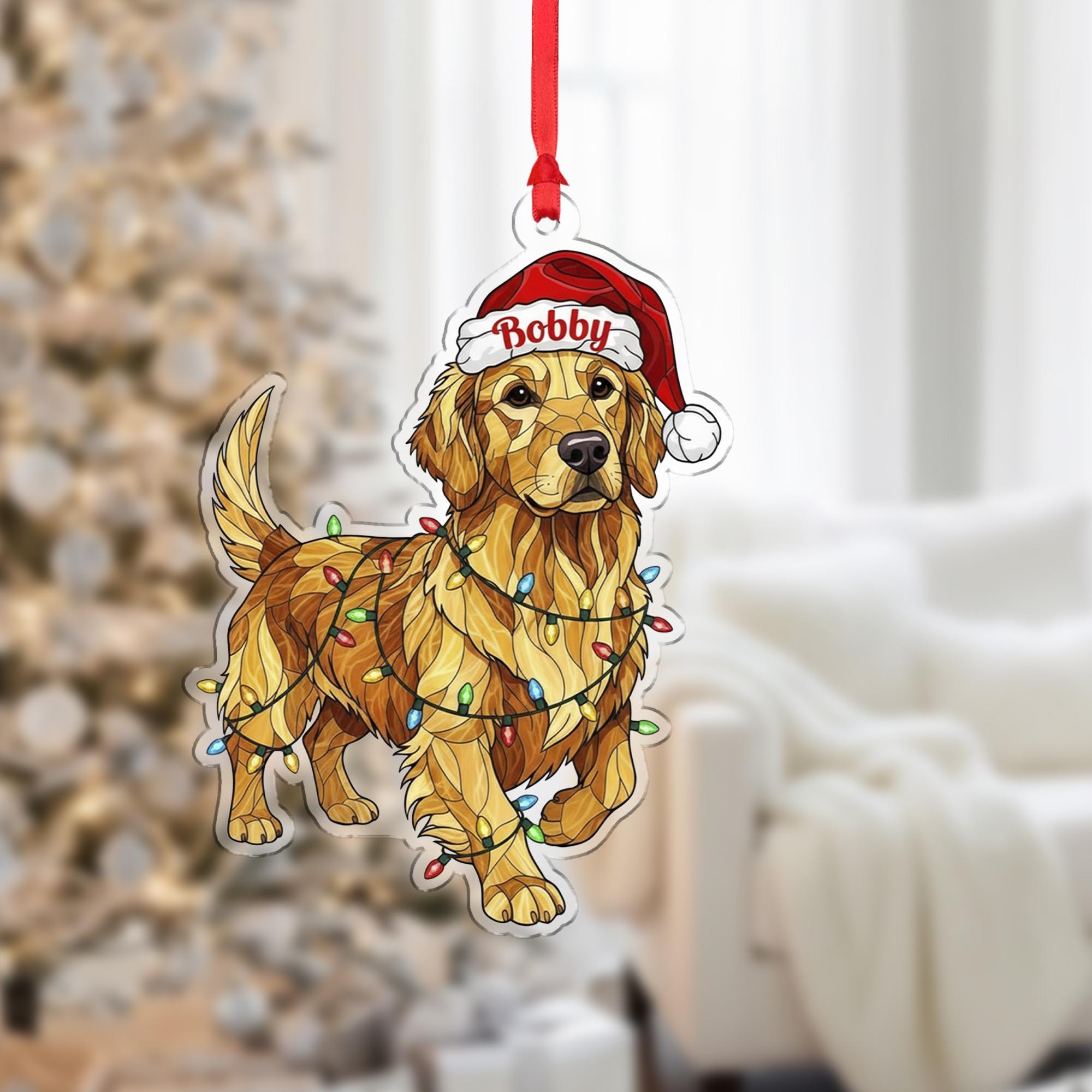 Dog Santa Hat Ornament with Lights ‒ Golden Retriever Hanging Decor