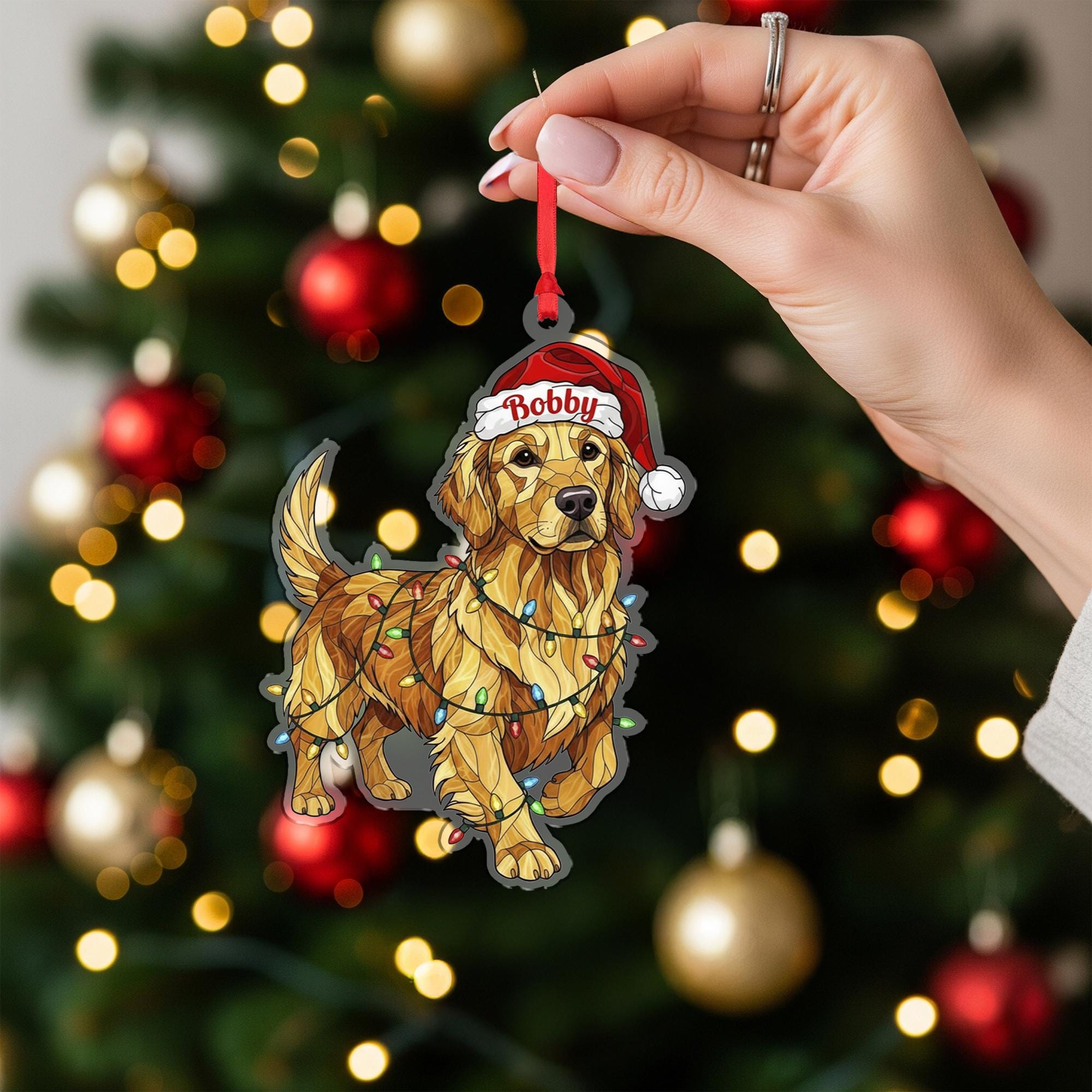 Dog Santa Hat Ornament with Lights ‒ Golden Retriever Hanging Decor