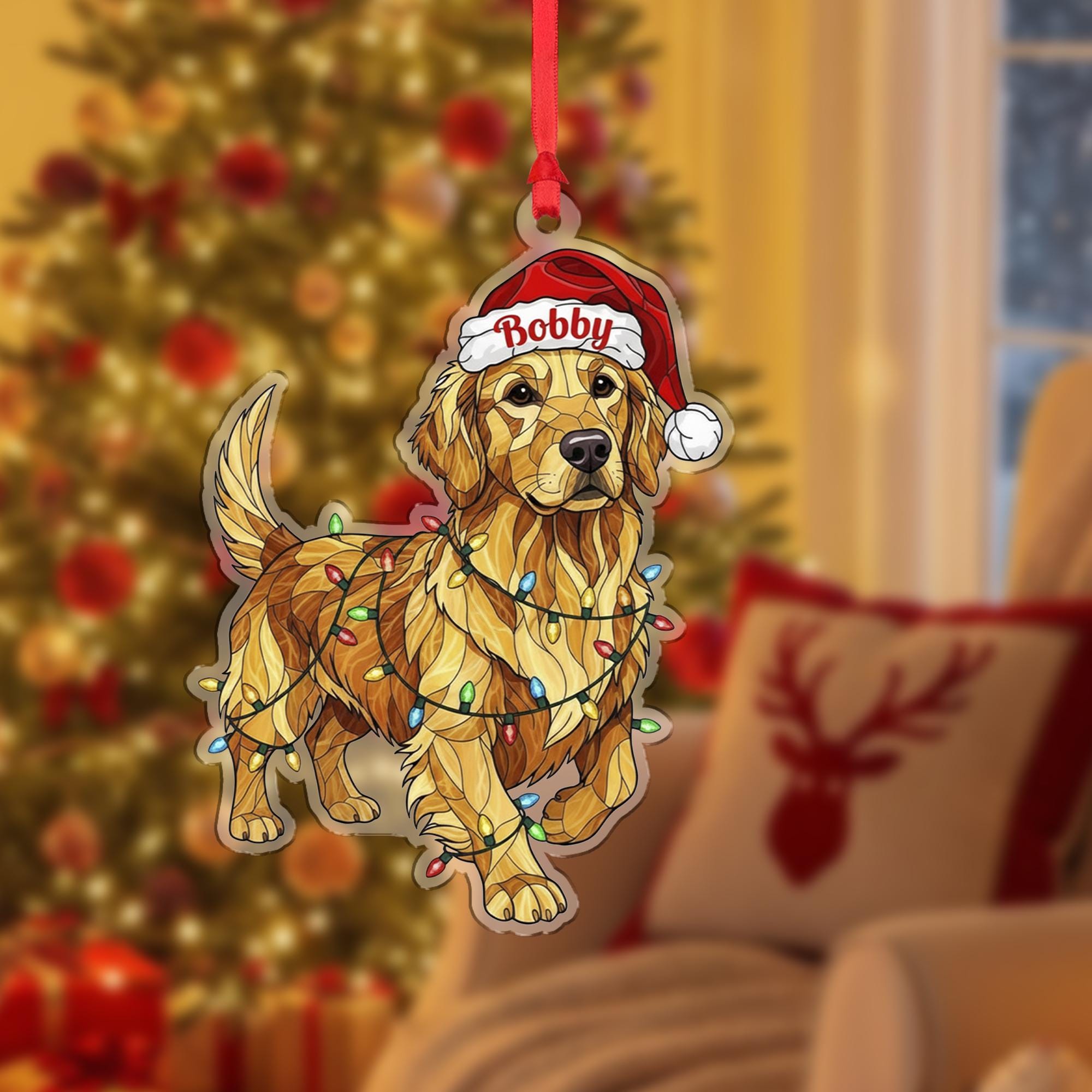 Dog Santa Hat Ornament with Lights ‒ Golden Retriever Hanging Decor