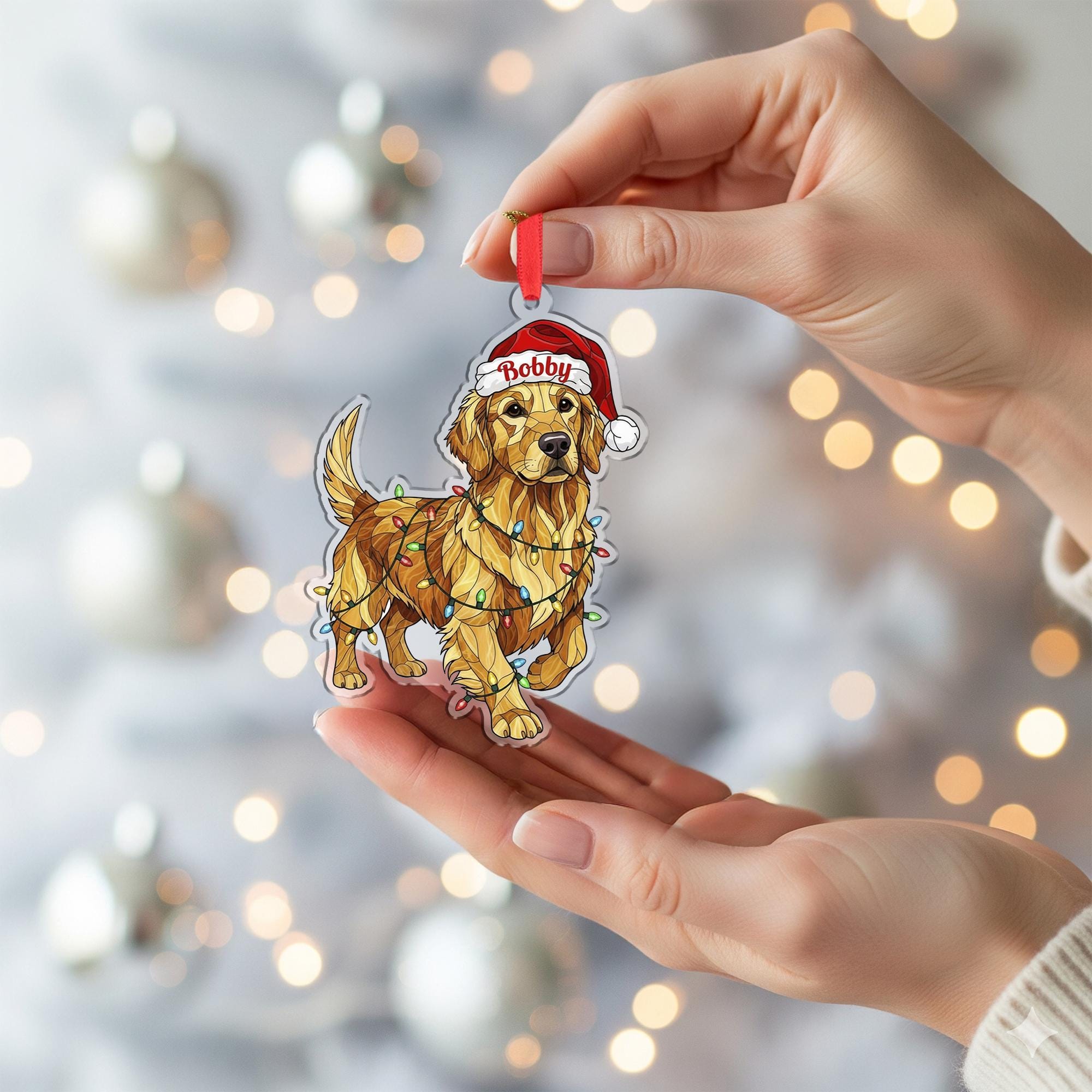 Dog Santa Hat Ornament with Lights ‒ Golden Retriever Hanging Decor