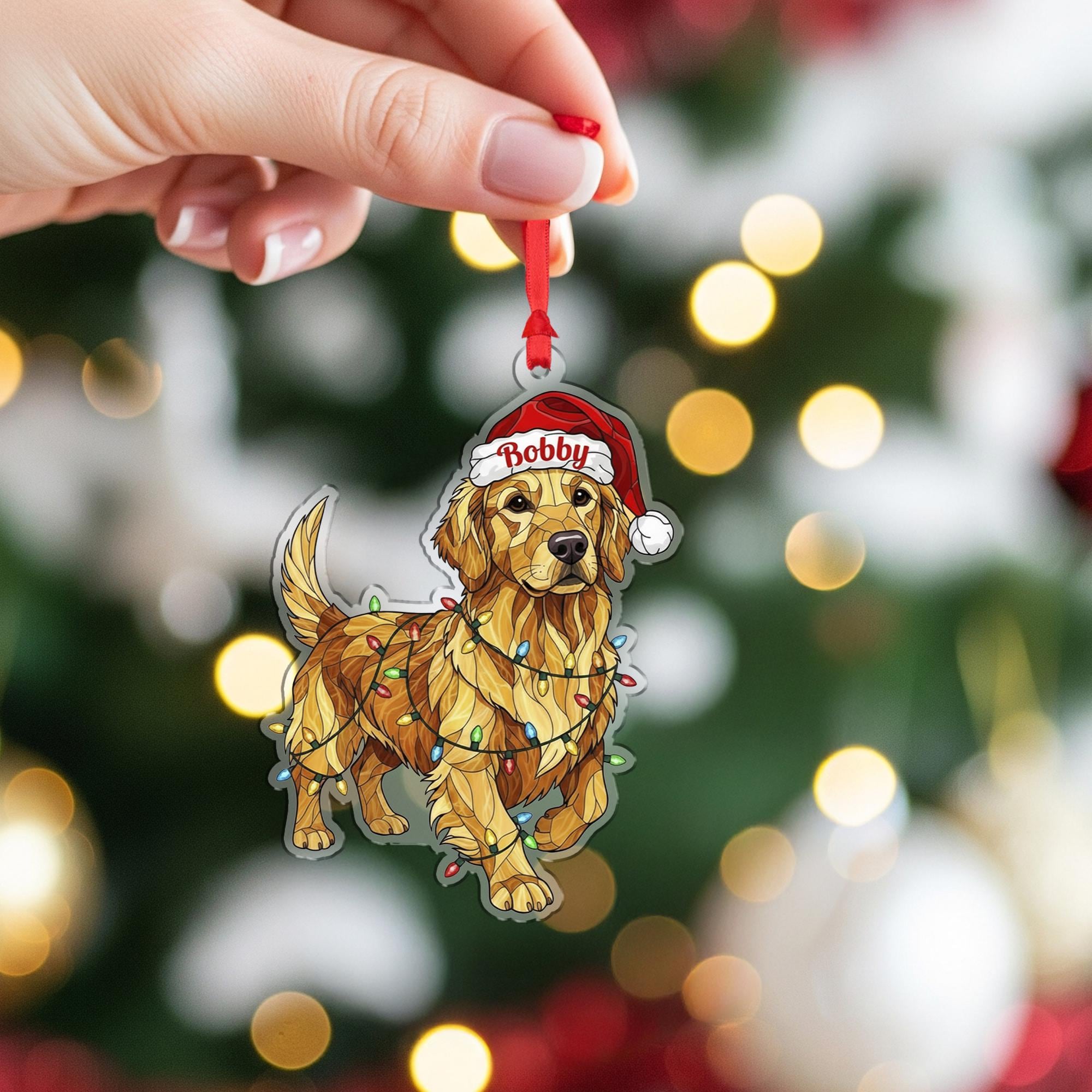 Dog Santa Hat Ornament with Lights ‒ Golden Retriever Hanging Decor