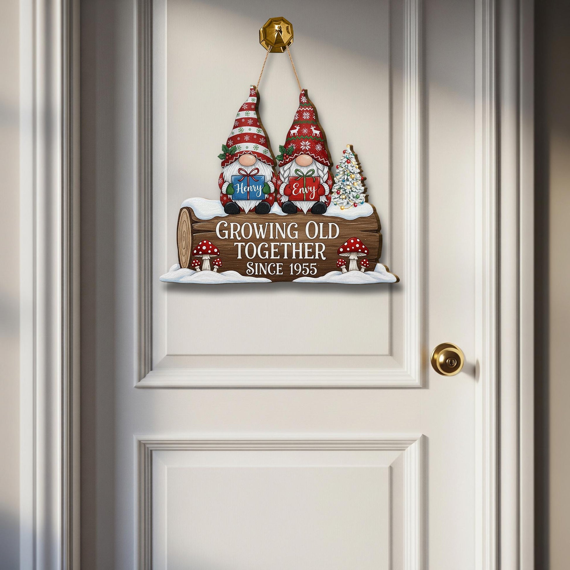 Personalized Wooden Sign – Growing Old Together Decoration with Gnome Couple and Anniversary Year