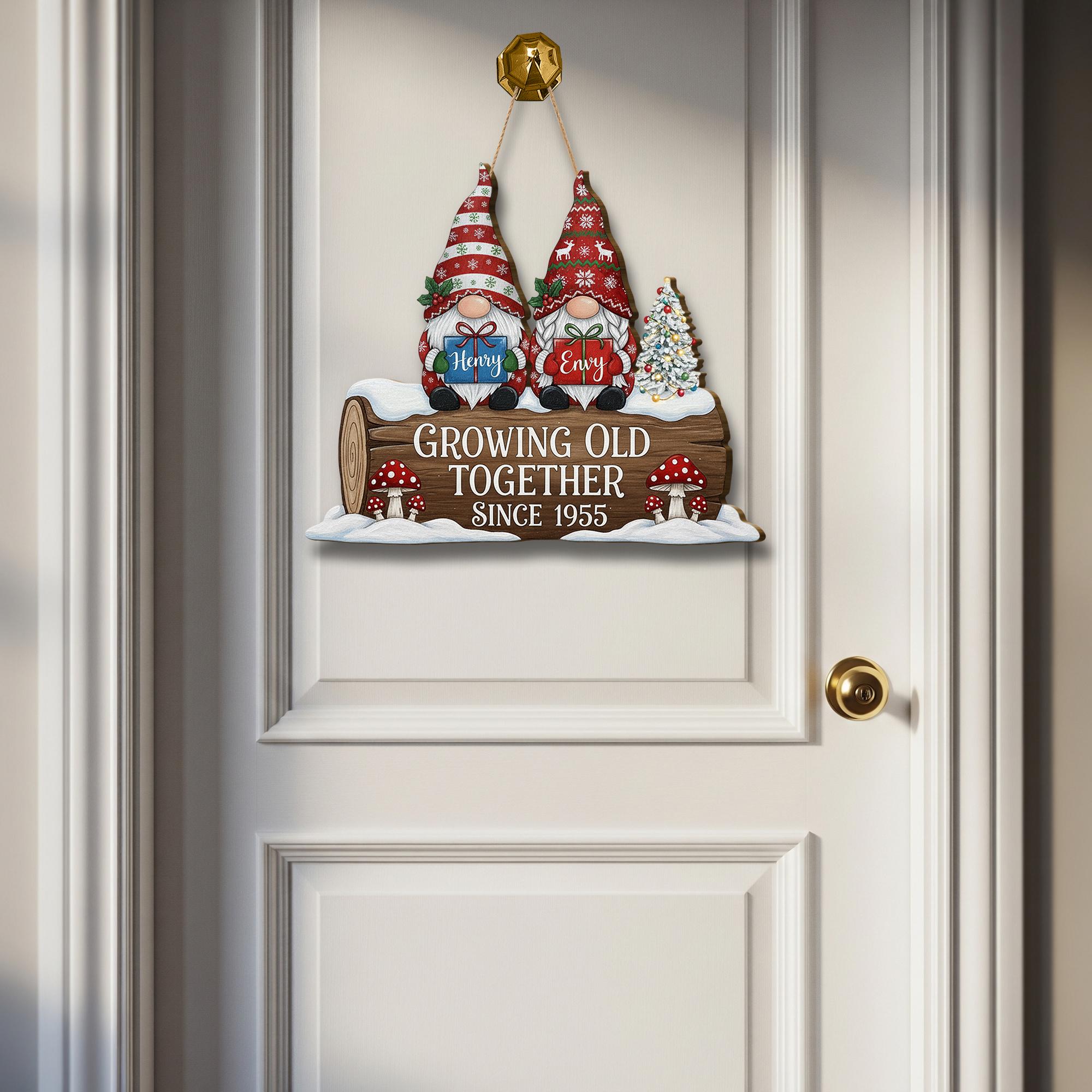Personalized Wooden Sign – Growing Old Together Decoration with Gnome Couple and Anniversary Year