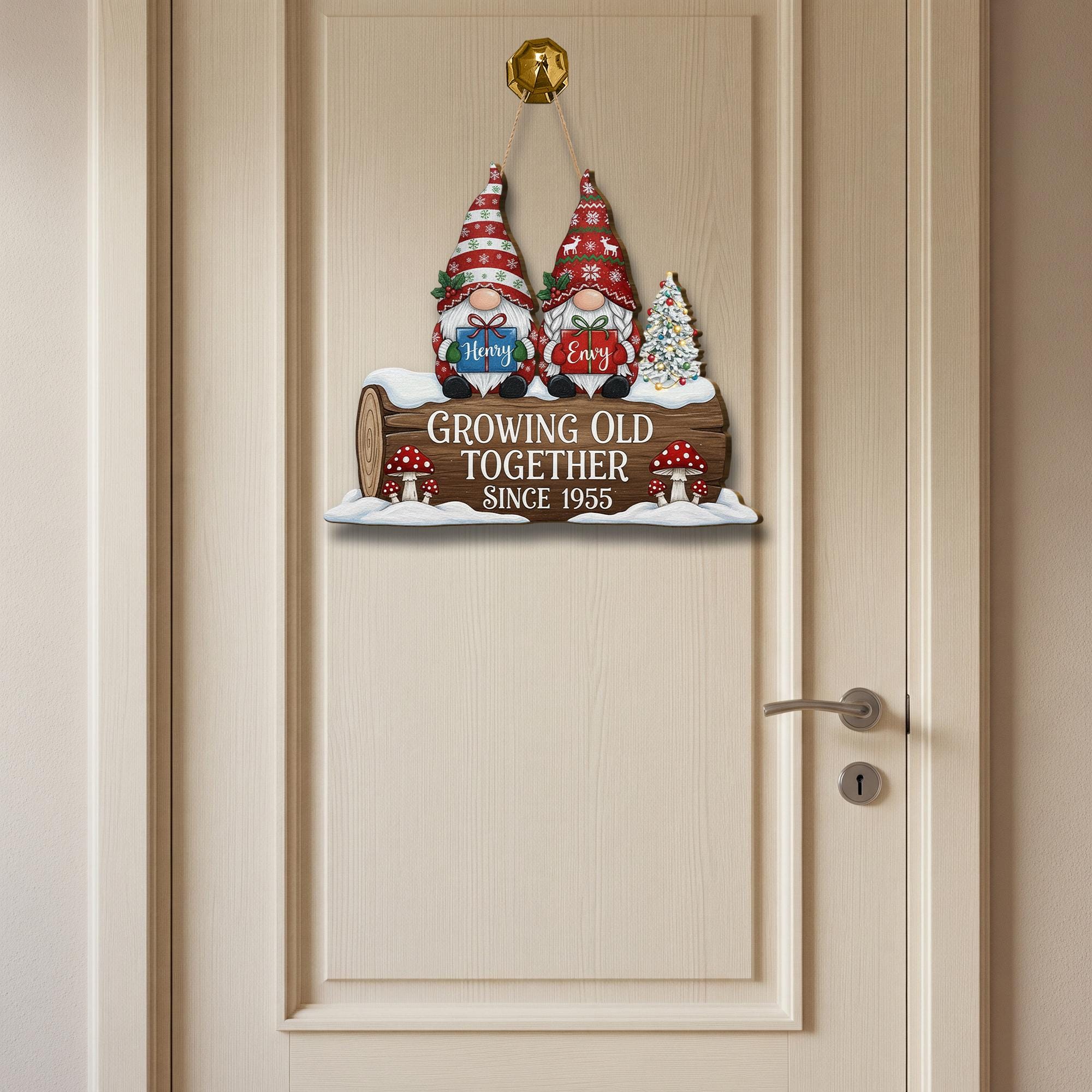 Personalized Wooden Sign – Growing Old Together Decoration with Gnome Couple and Anniversary Year