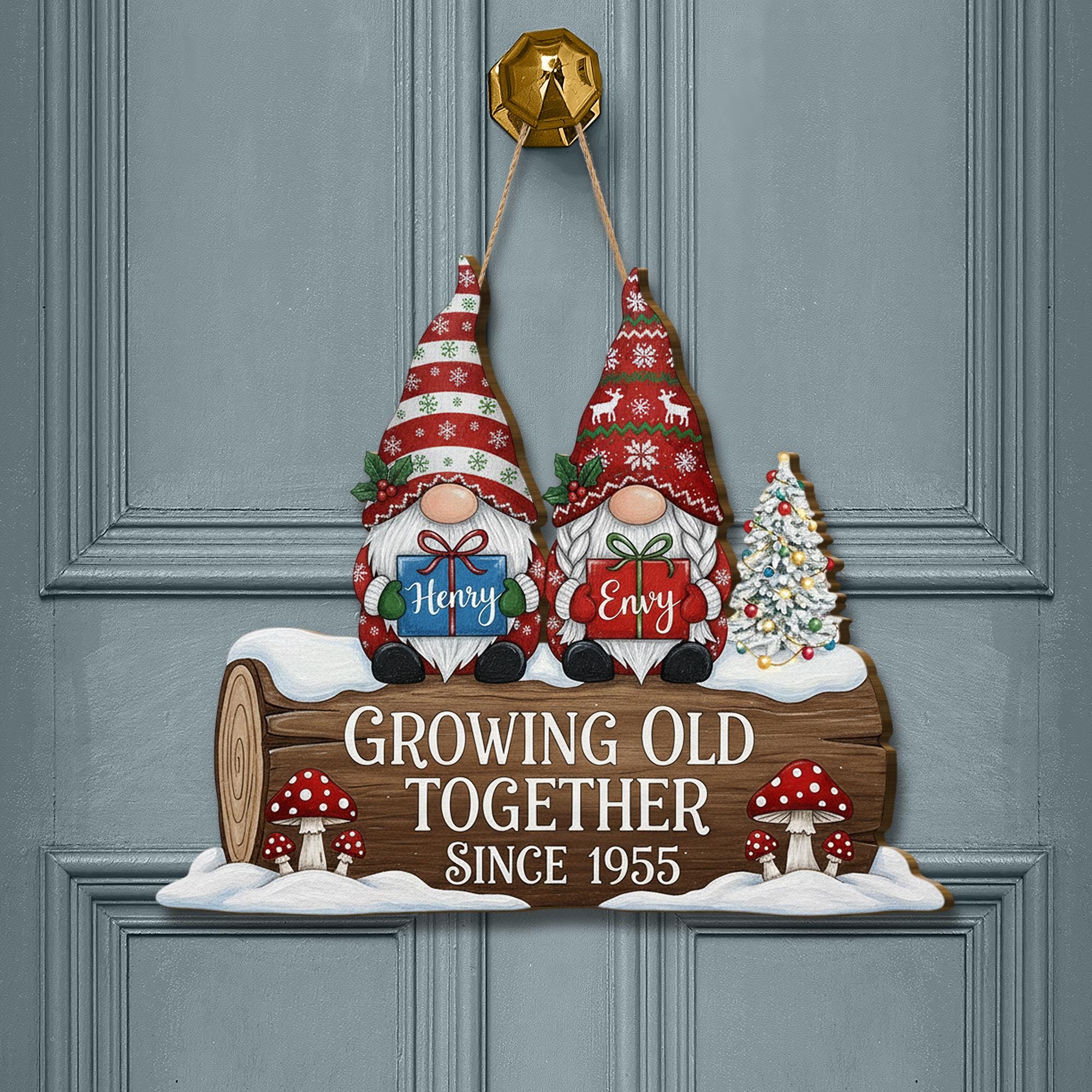 Personalized Wooden Sign – Growing Old Together Decoration with Gnome Couple and Anniversary Year