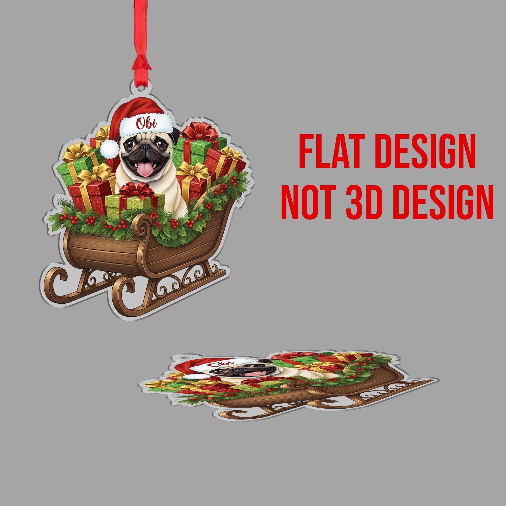 Personalized Pug Christmas Ornament – Custom Name Dog Sleigh Decoration, Holiday Tree Keepsake