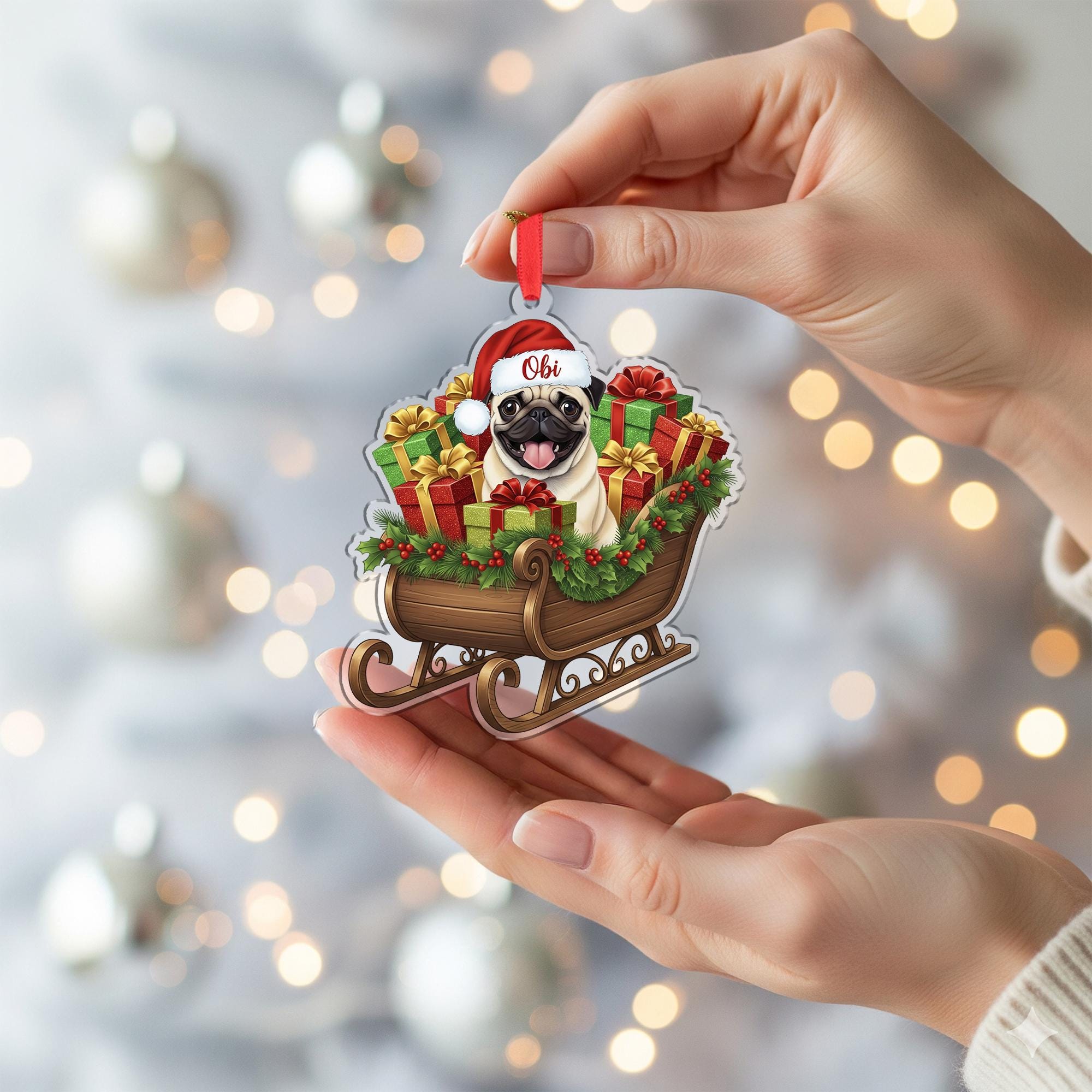 Personalized Pug Christmas Ornament – Custom Name Dog Sleigh Decoration, Holiday Tree Keepsake
