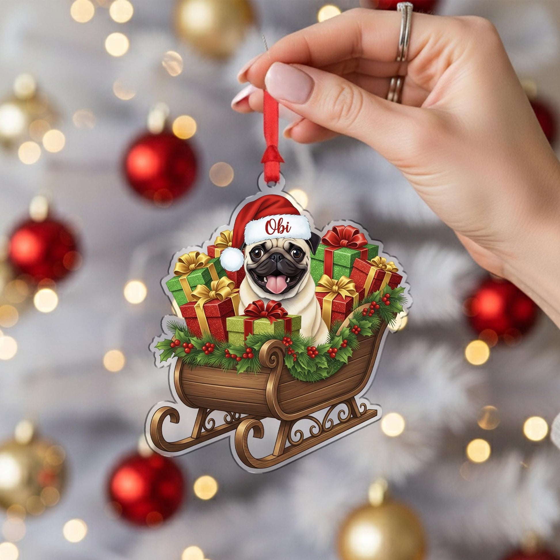 Personalized Pug Christmas Ornament – Custom Name Dog Sleigh Decoration, Holiday Tree Keepsake