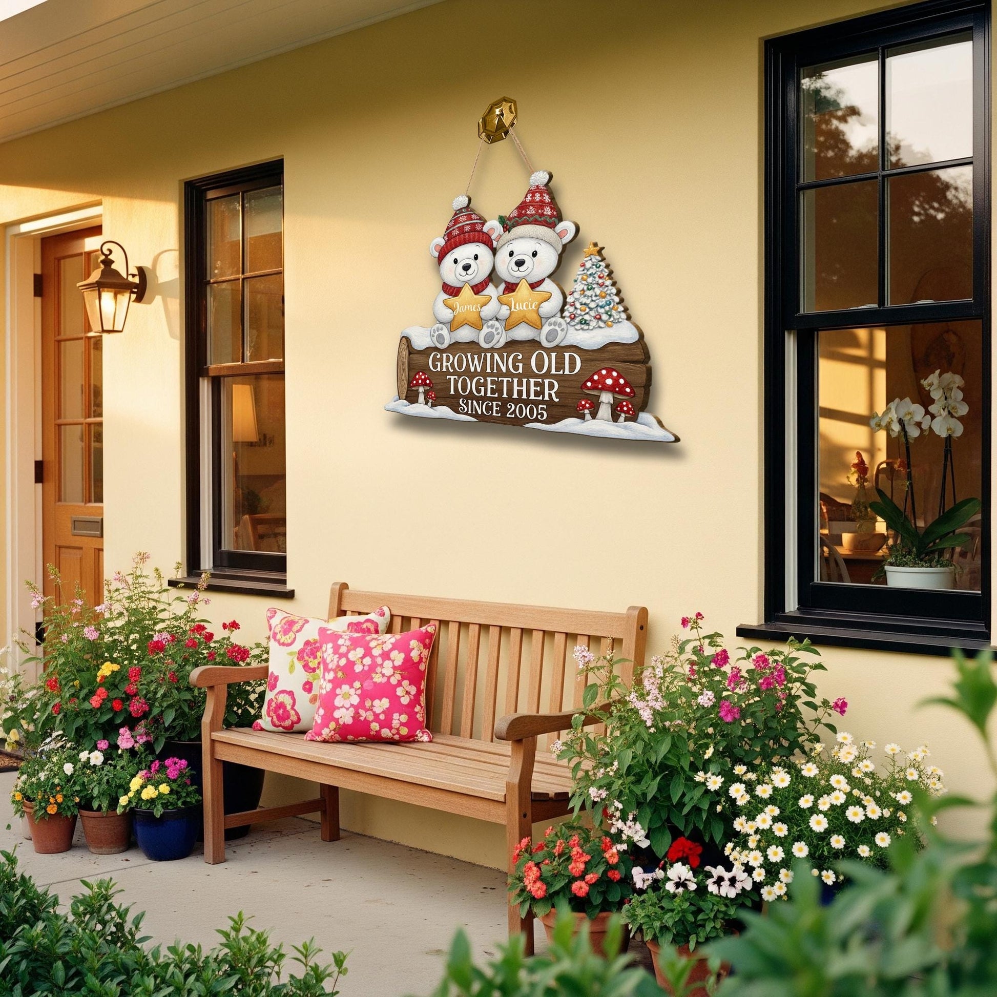 Personalized Wooden Sign – Growing Old Together Decoration with Bear Couple and Anniversary Year