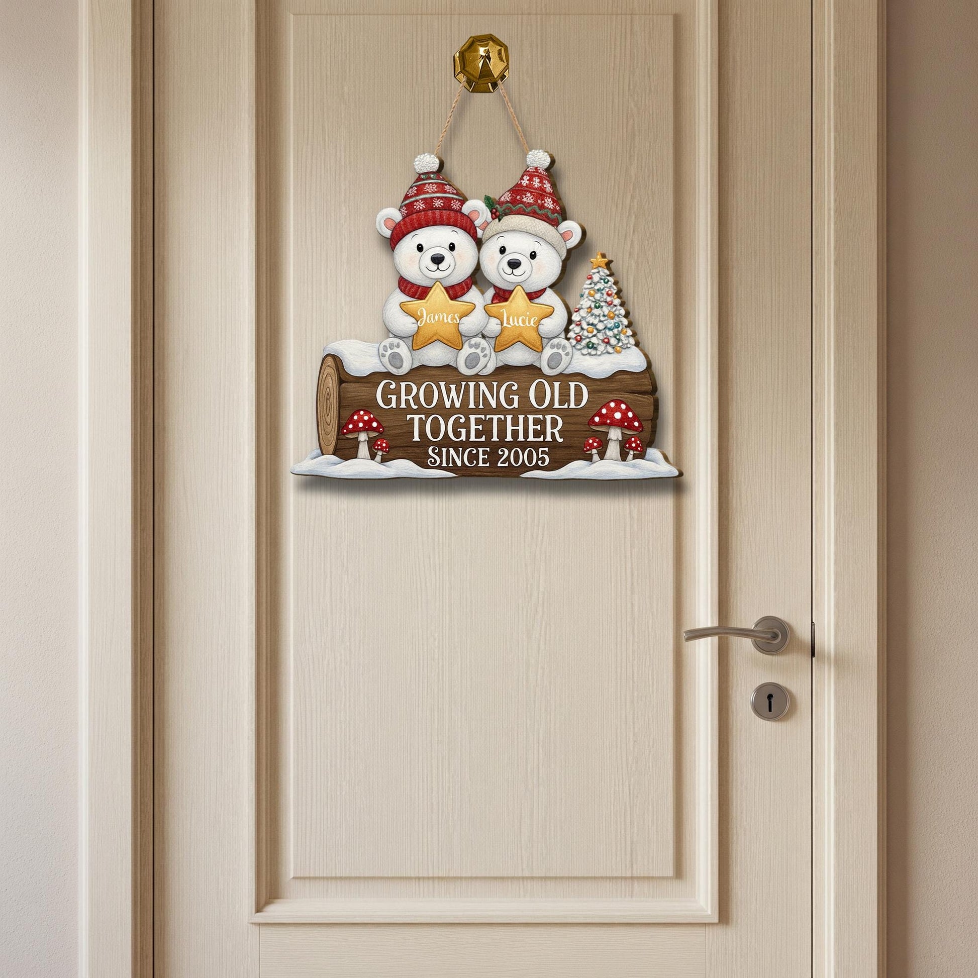 Personalized Wooden Sign – Growing Old Together Decoration with Bear Couple and Anniversary Year