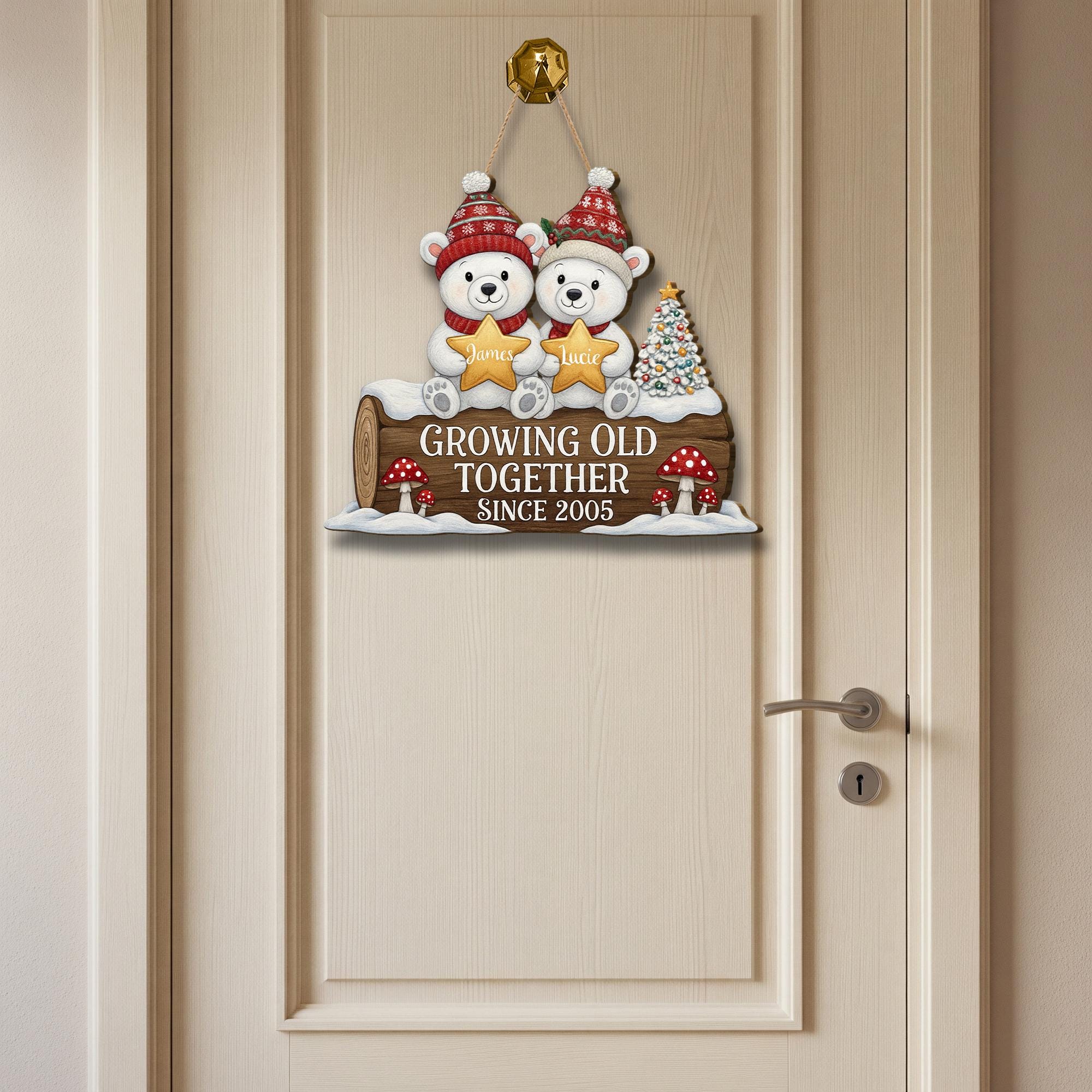 Personalized Wooden Sign – Growing Old Together Decoration with Bear Couple and Anniversary Year