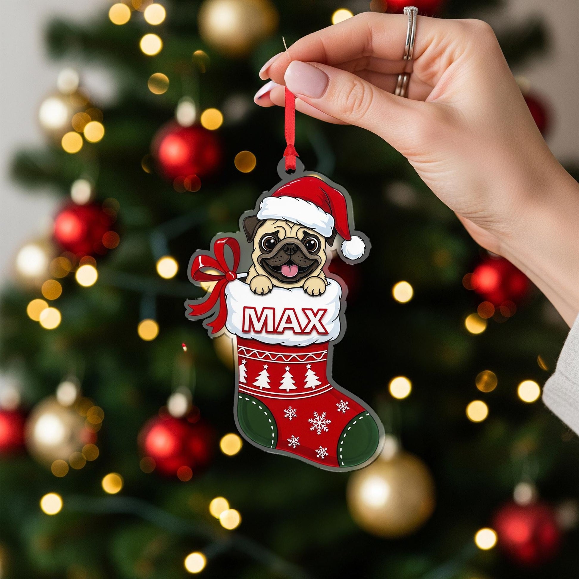 Personalized Pug Christmas Ornament – Custom Name Dog Stocking Decoration, Holiday Tree Keepsake