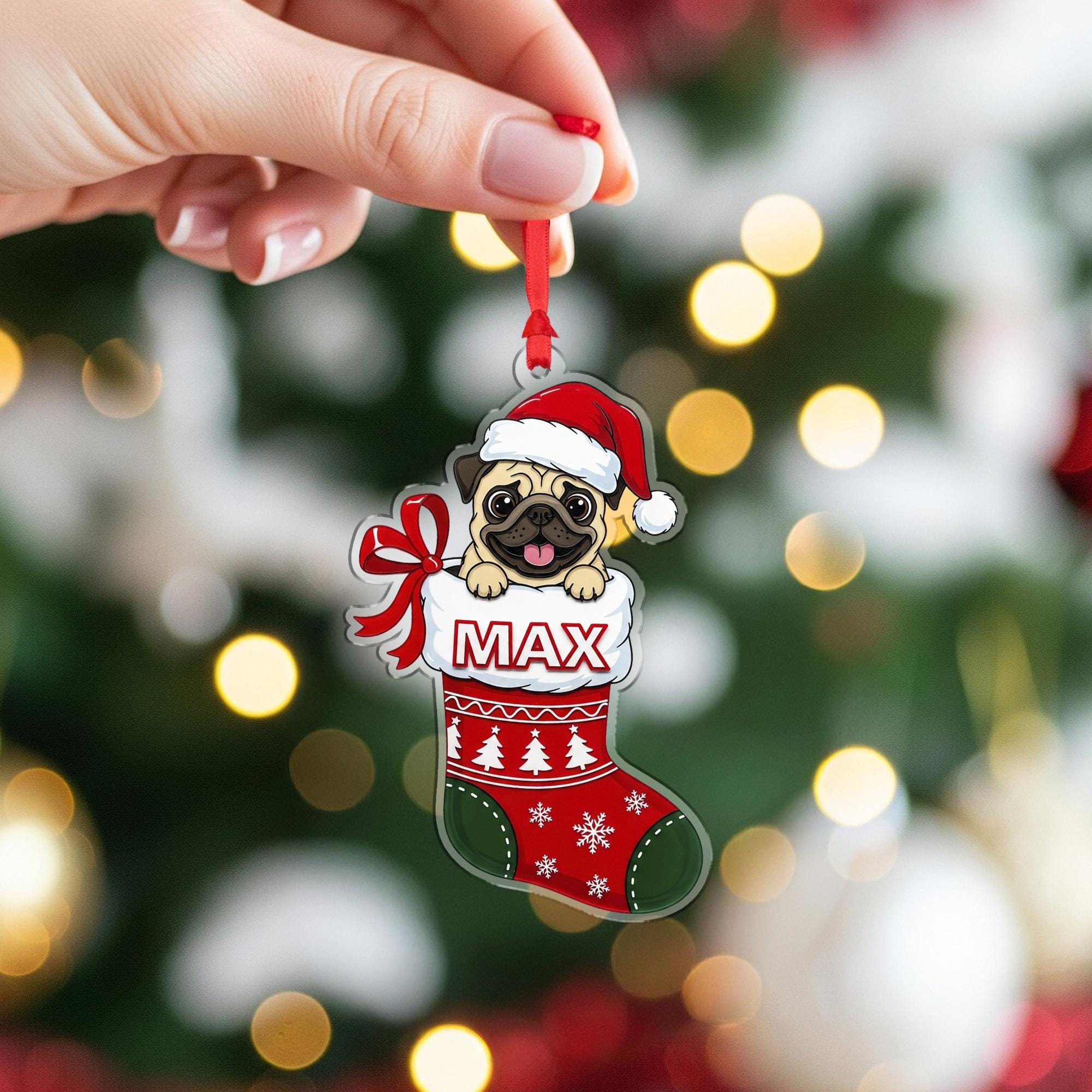 Personalized Pug Christmas Ornament – Custom Name Dog Stocking Decoration, Holiday Tree Keepsake