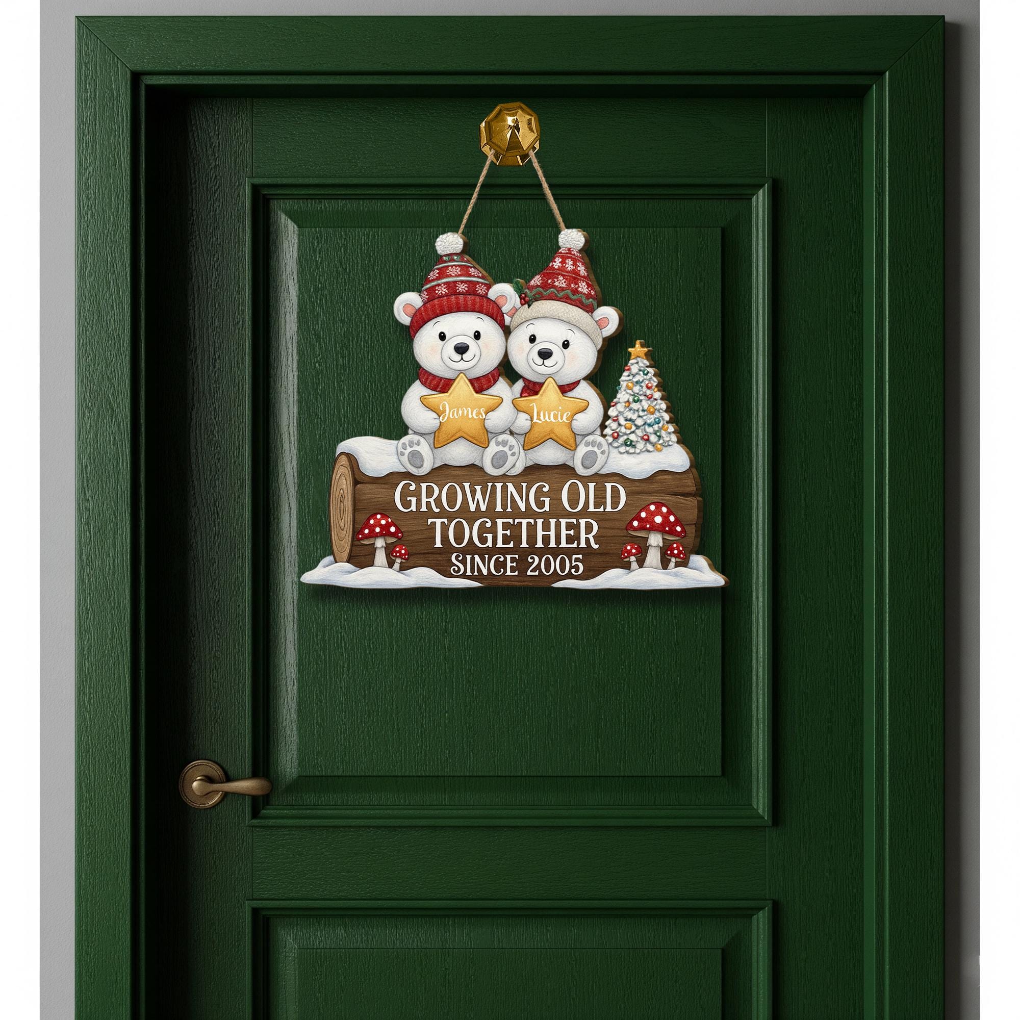 Personalized Wooden Sign – Growing Old Together Decoration with Bear Couple and Anniversary Year