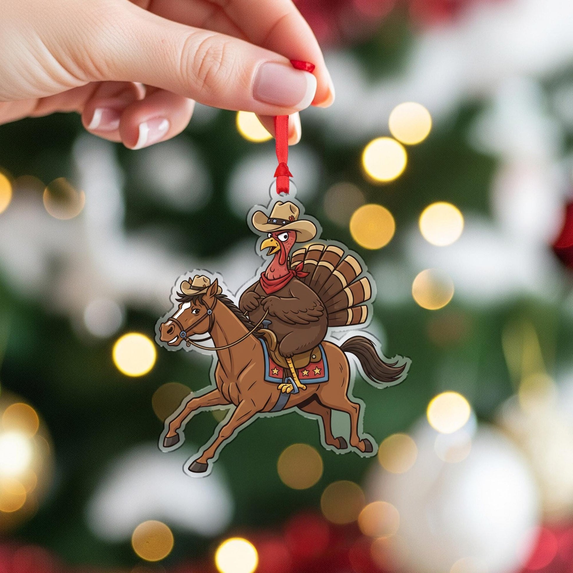 Turkey Cowboy Christmas Ornament – Acrylic Hanging Decoration with Horseback Riding Design
