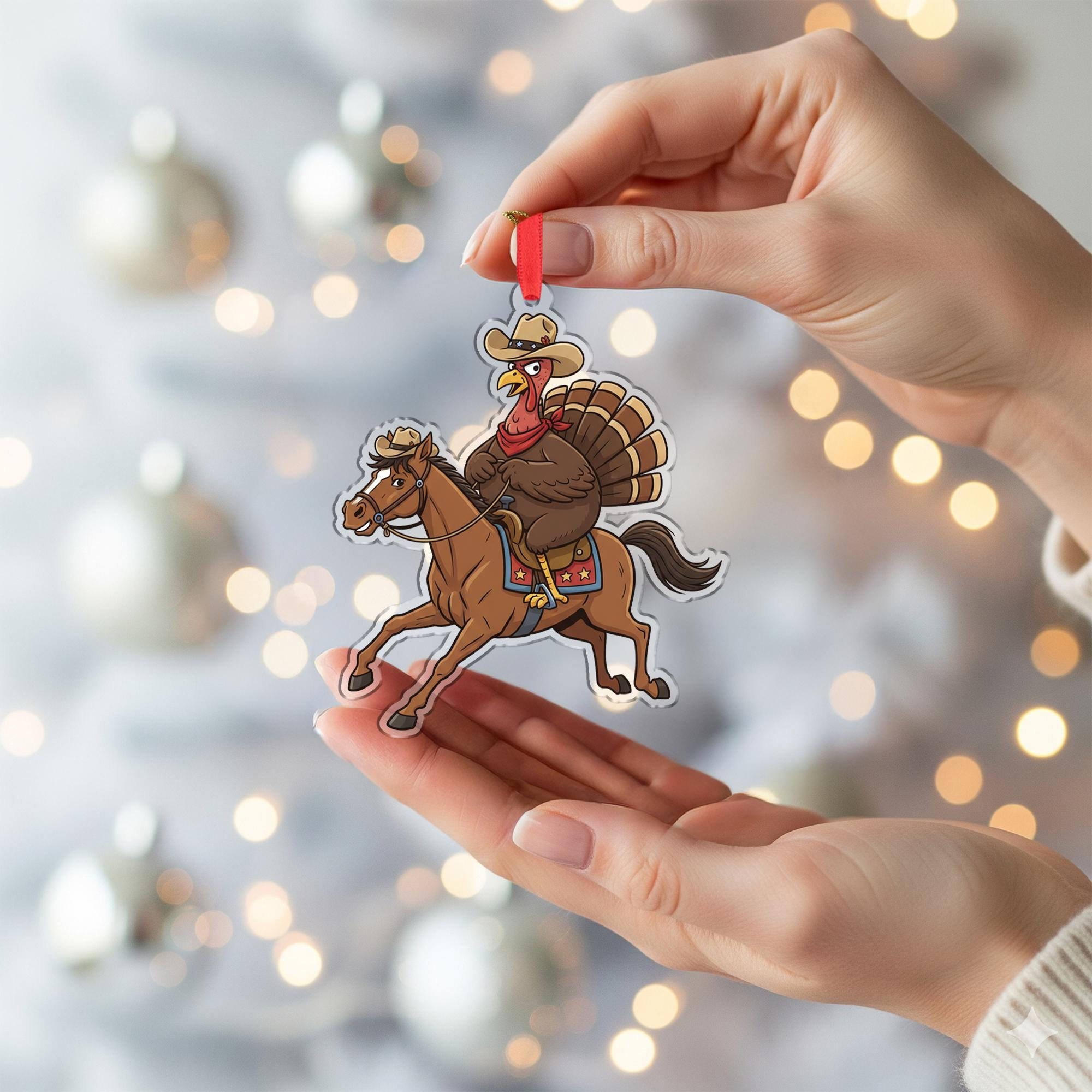 Turkey Cowboy Christmas Ornament – Acrylic Hanging Decoration with Horseback Riding Design