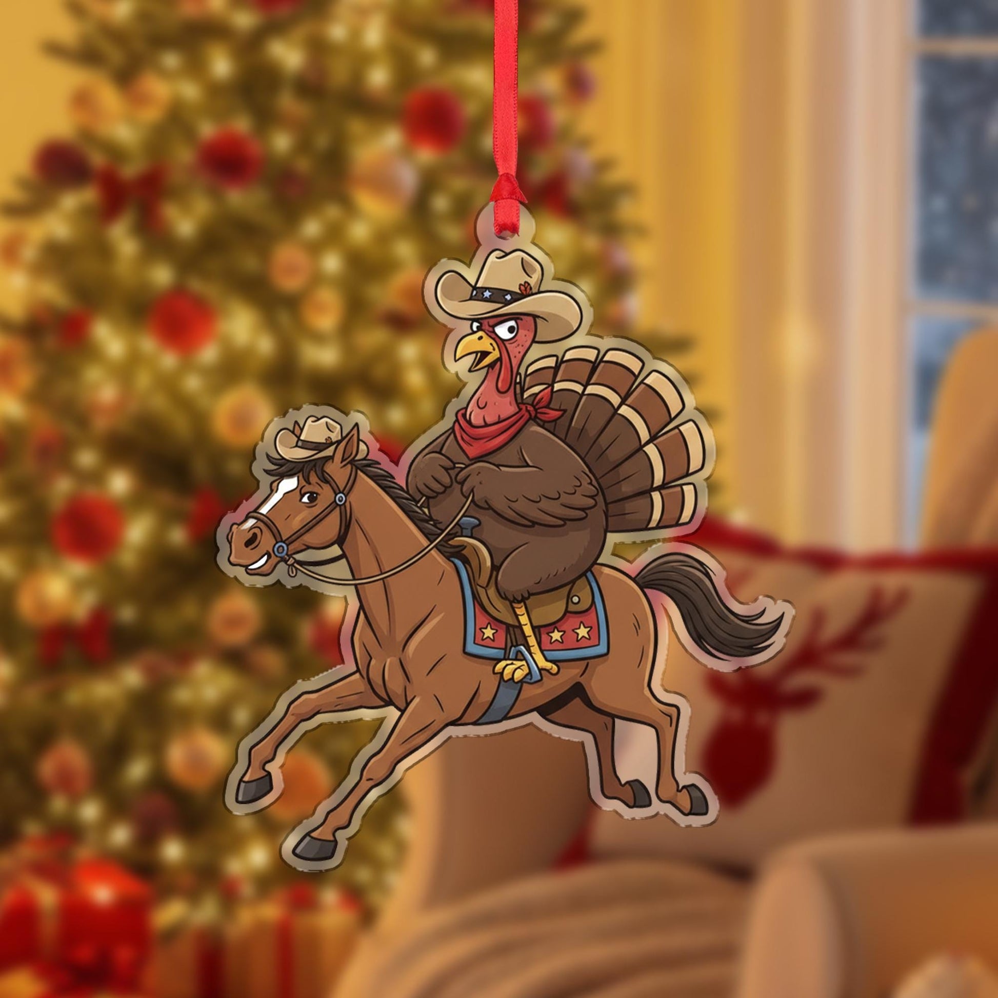 Turkey Cowboy Christmas Ornament – Acrylic Hanging Decoration with Horseback Riding Design