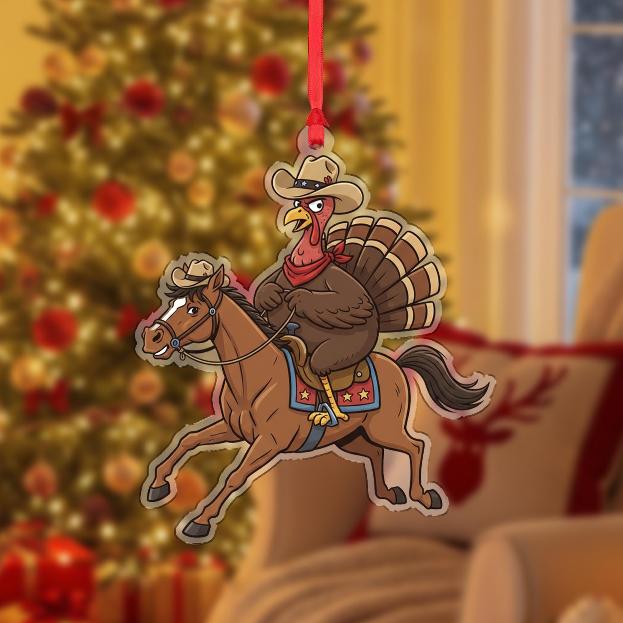 Turkey Cowboy Christmas Ornament – Acrylic Hanging Decoration with Horseback Riding Design