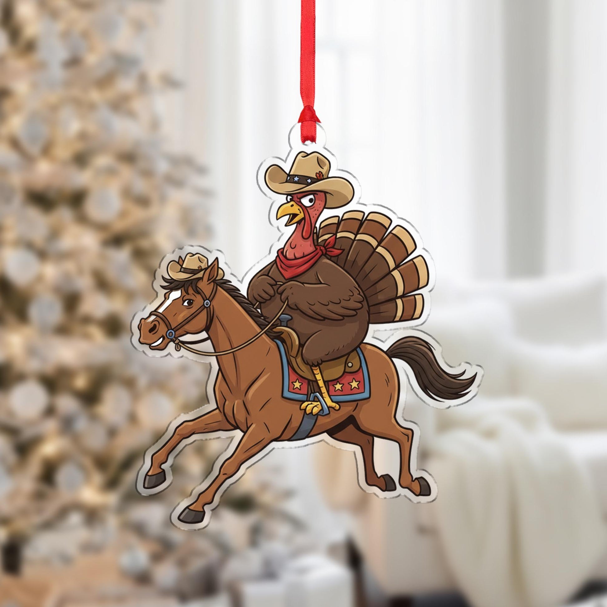 Turkey Cowboy Christmas Ornament – Acrylic Hanging Decoration with Horseback Riding Design