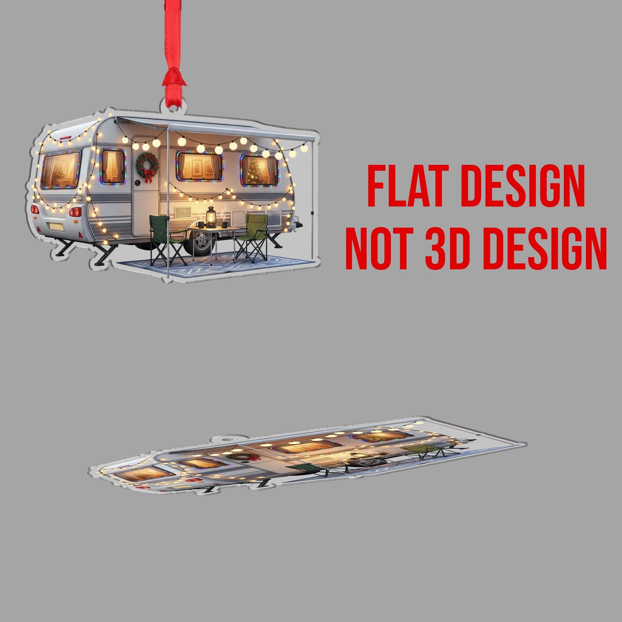 Camper Christmas Ornament – Acrylic Hanging Decoration with Holiday Lights and Wreath Design