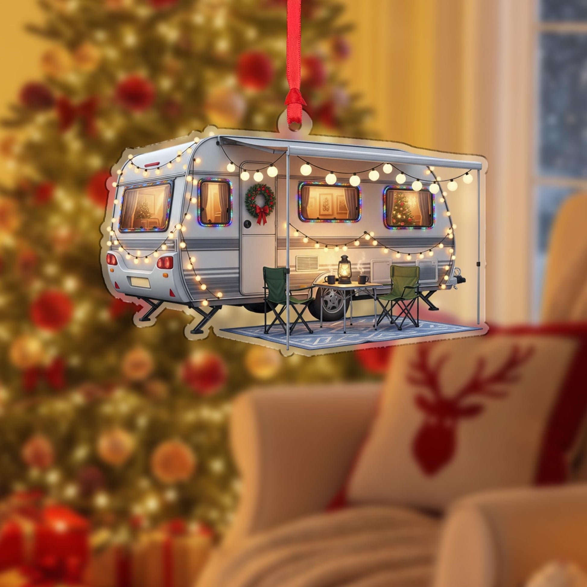Camper Christmas Ornament – Acrylic Hanging Decoration with Holiday Lights and Wreath Design