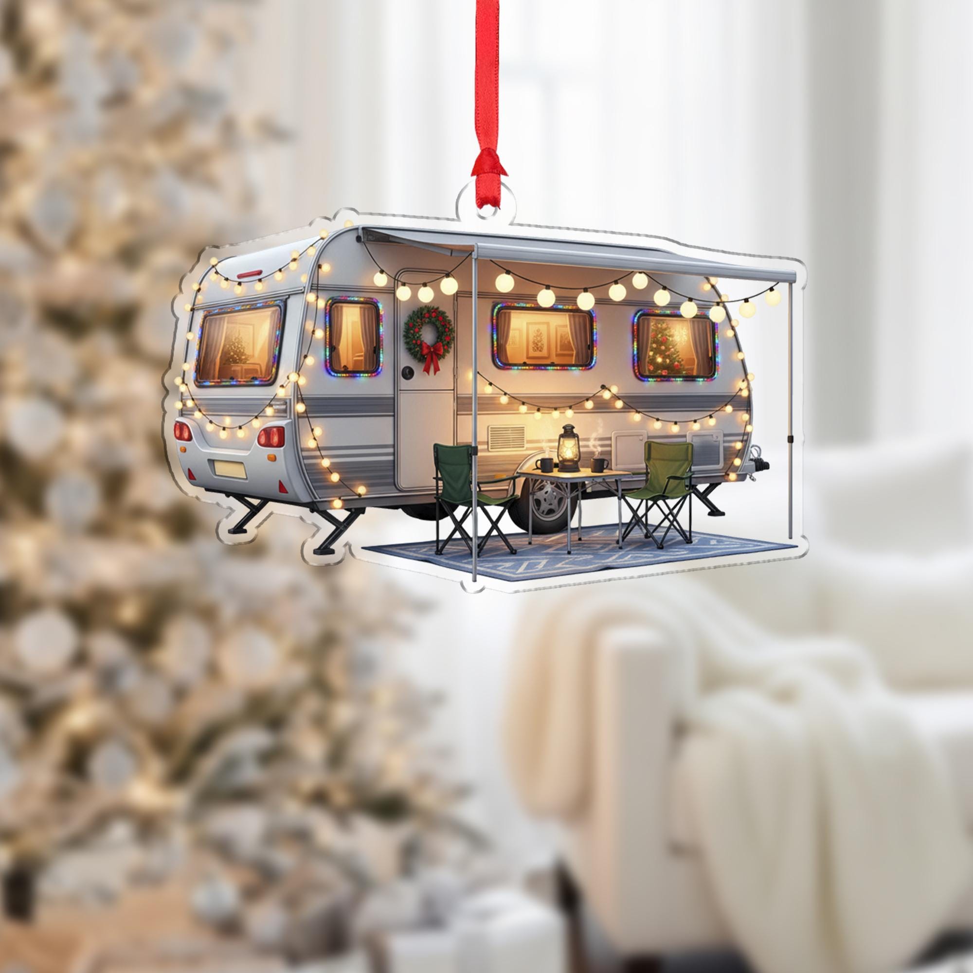 Camper Christmas Ornament – Acrylic Hanging Decoration with Holiday Lights and Wreath Design