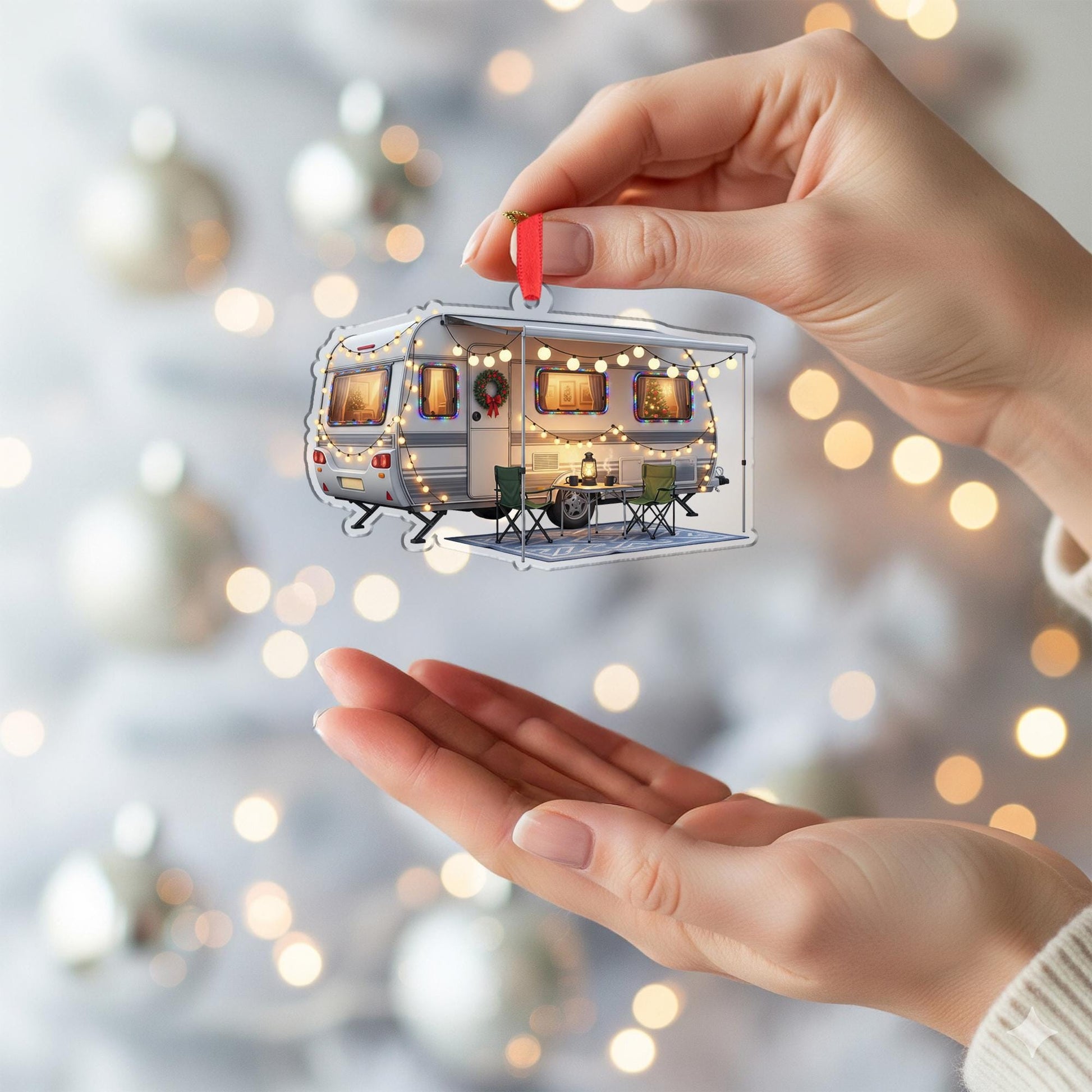 Camper Christmas Ornament – Acrylic Hanging Decoration with Holiday Lights and Wreath Design