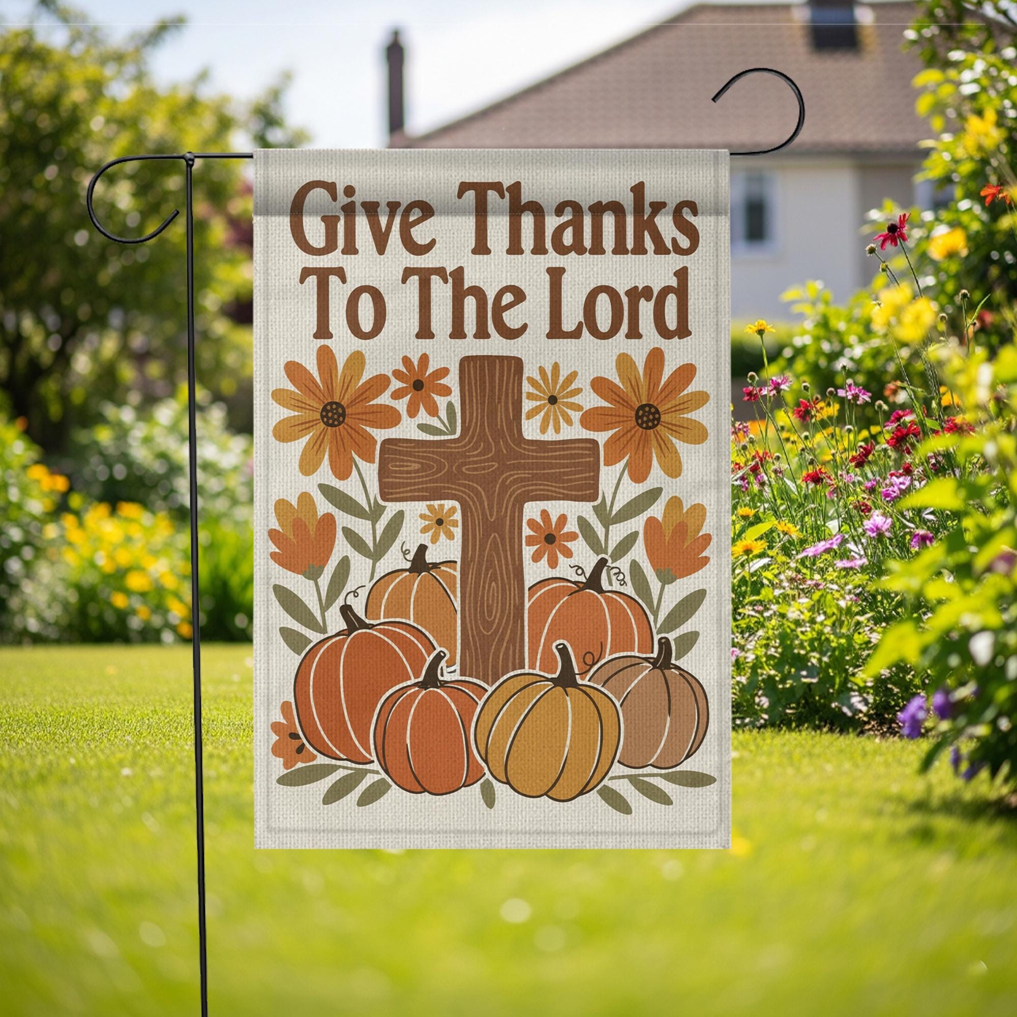 Garden Flag: Give Thanks To The Lord with Cross, Pumpkins and Flowers