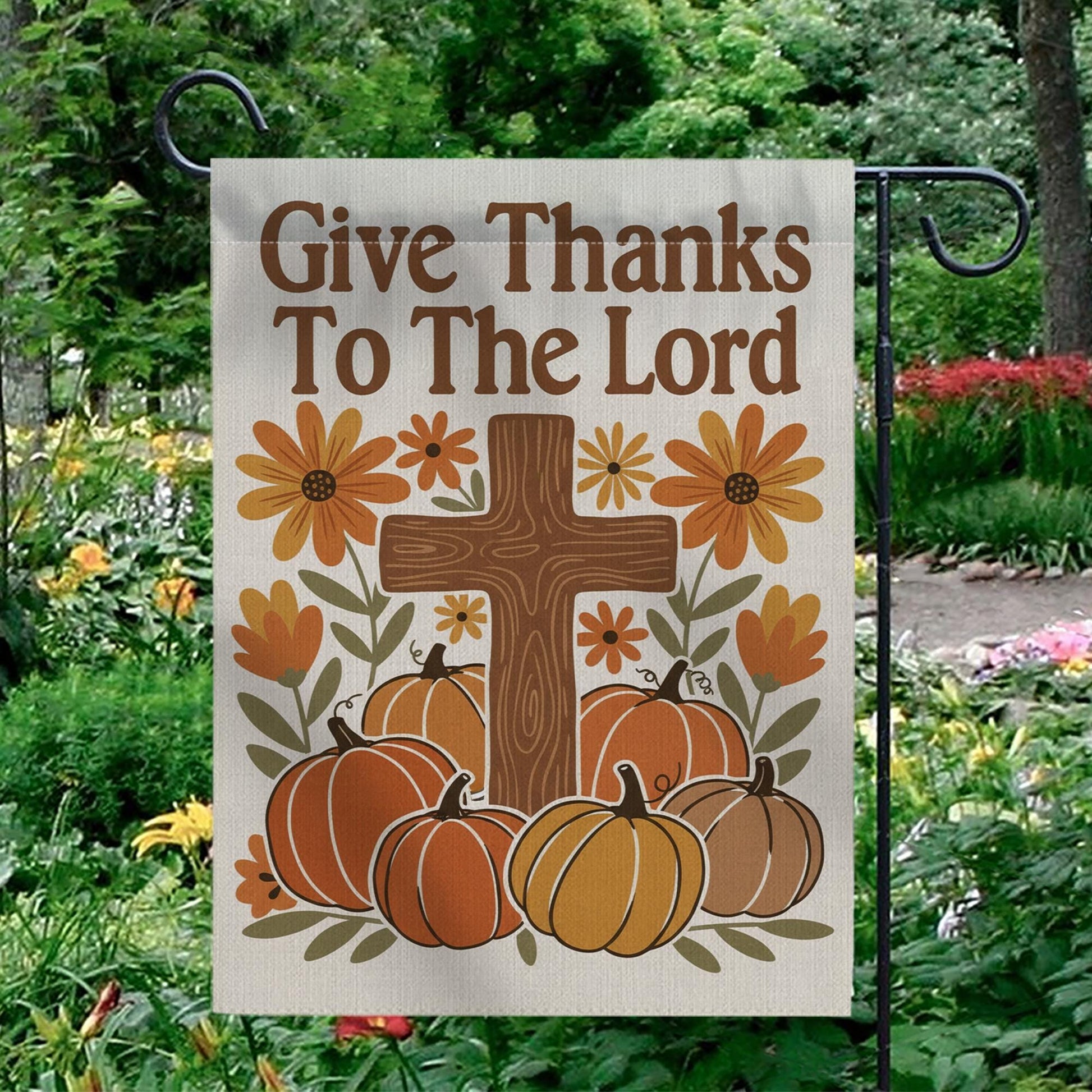 Garden Flag: Give Thanks To The Lord with Cross, Pumpkins and Flowers