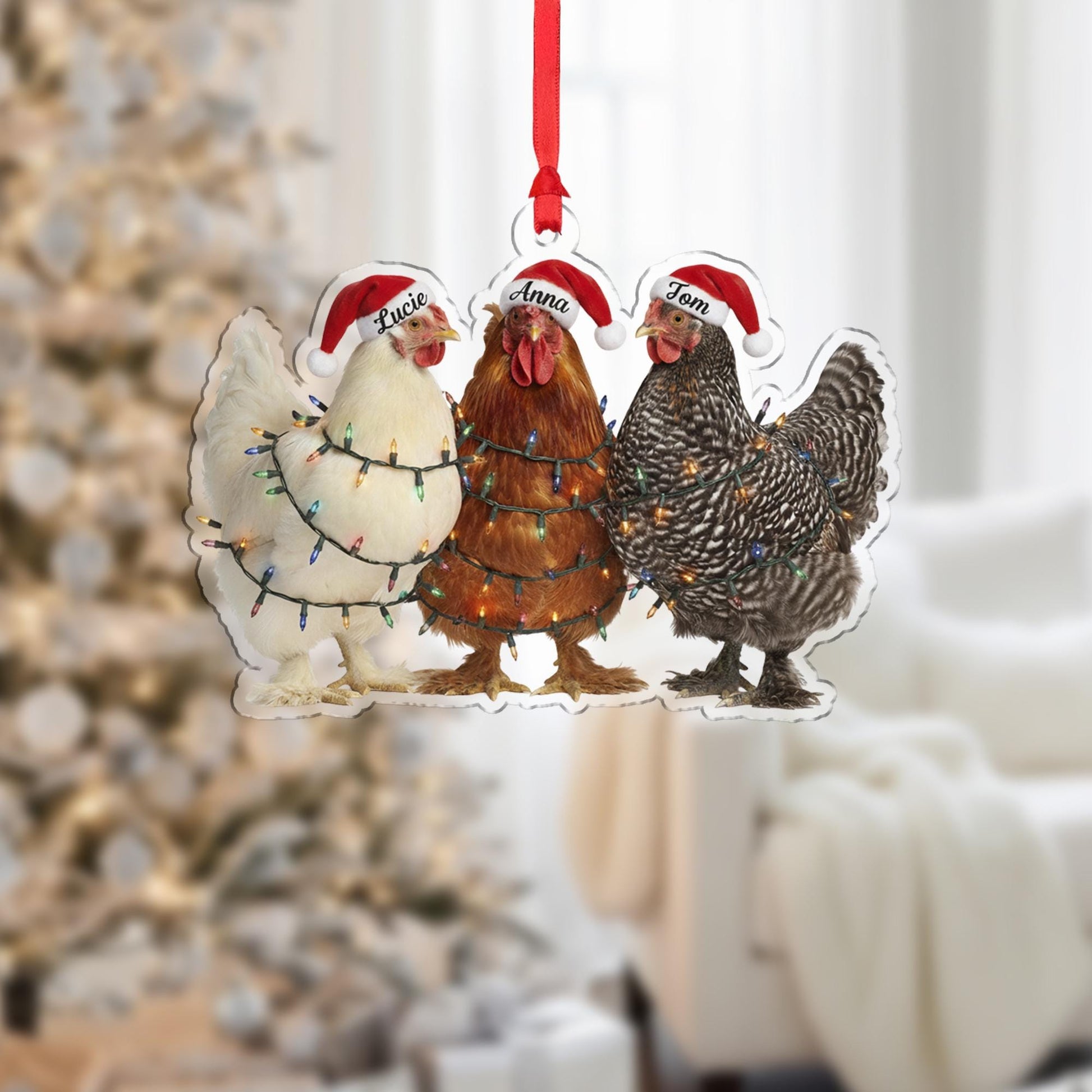 Christmas Ornament: Chickens with Santa Hats and Lights