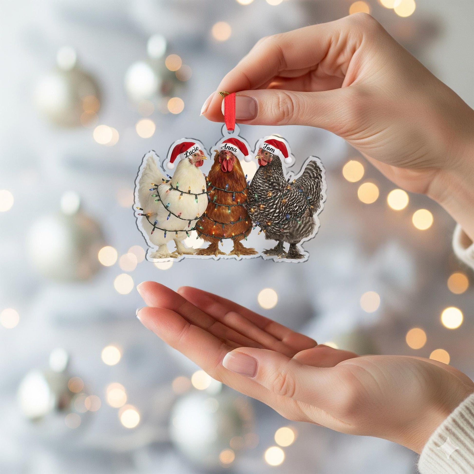 Christmas Ornament: Chickens with Santa Hats and Lights