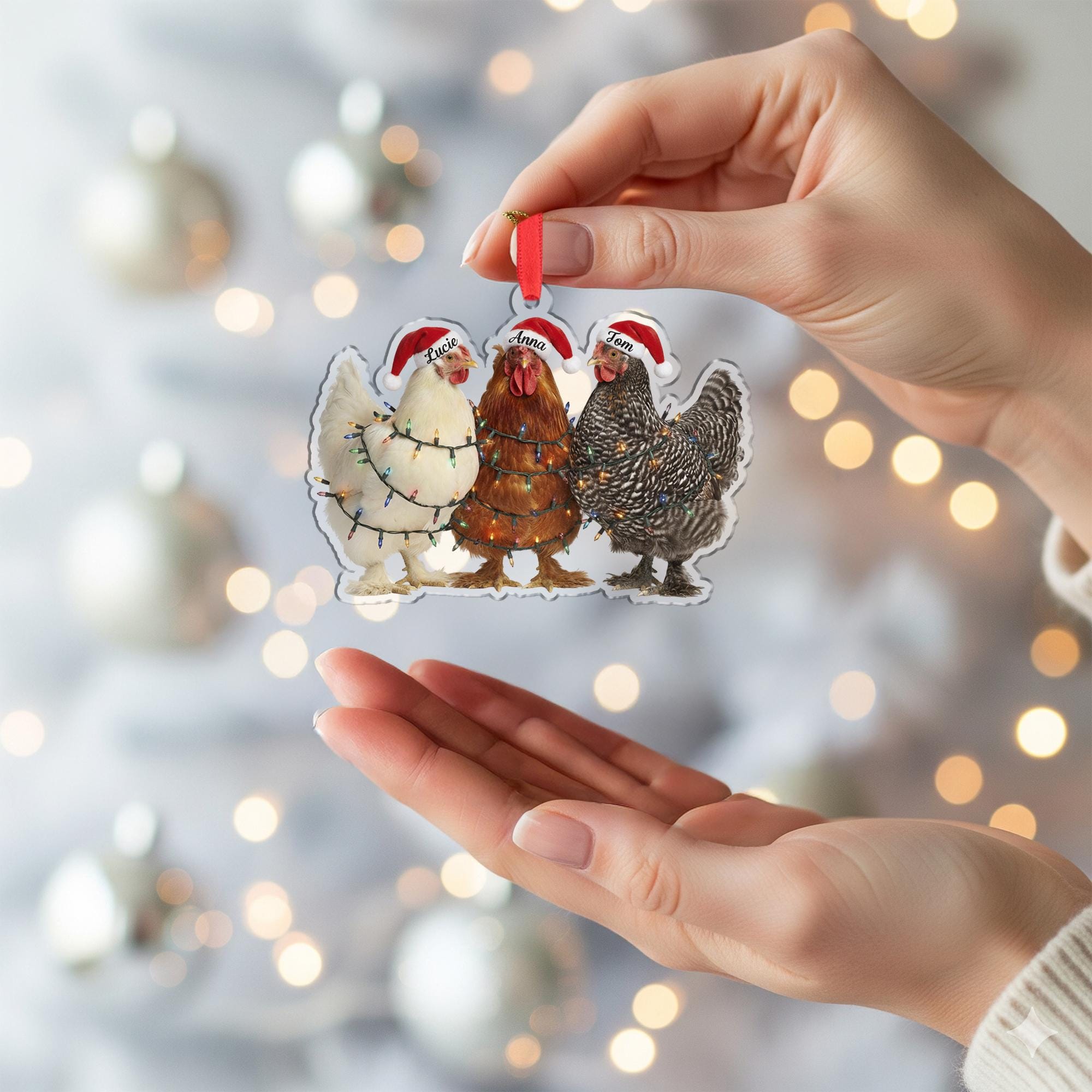 Christmas Ornament: Chickens with Santa Hats and Lights