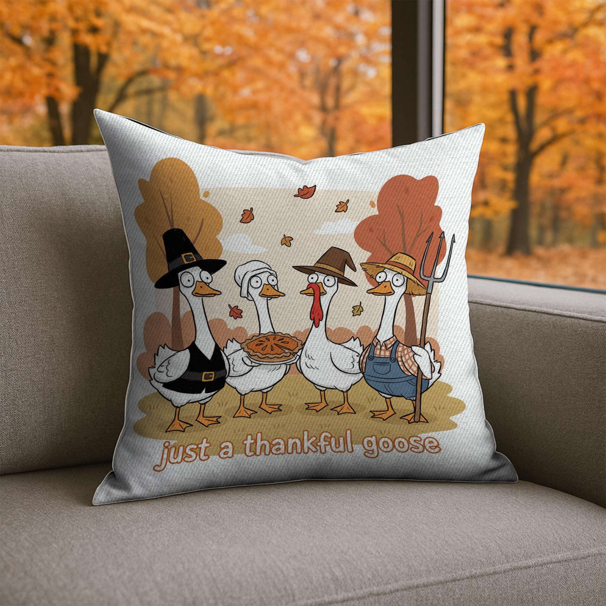 Throw Pillow: Thankful Goose with Fall Harvest Scene