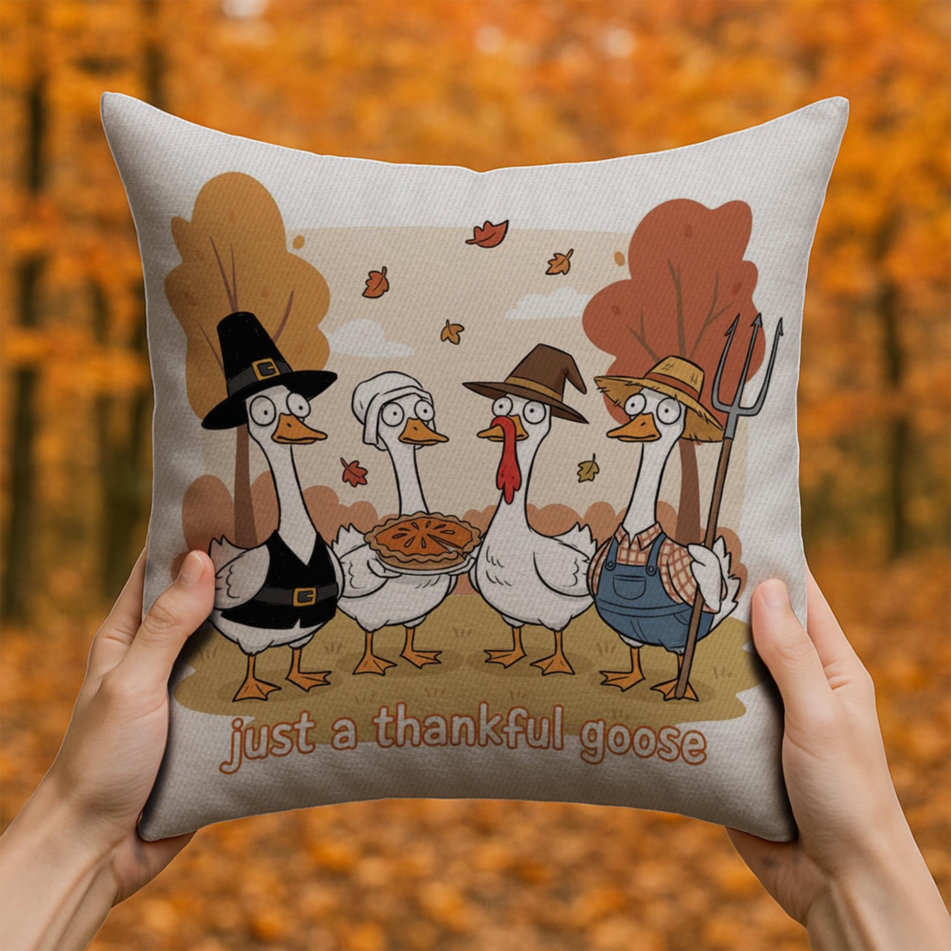 Throw Pillow: Thankful Goose with Fall Harvest Scene