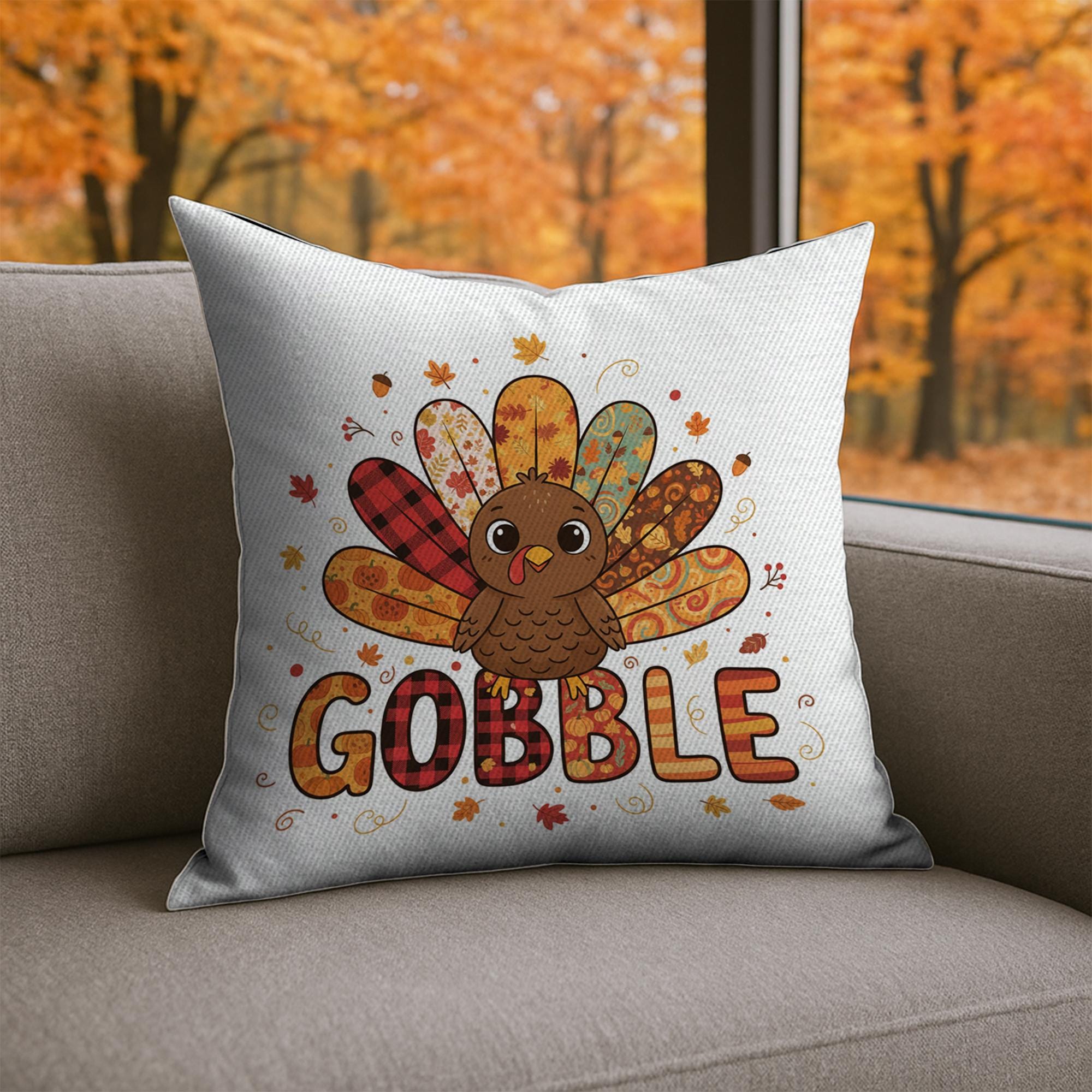 Throw Pillow: Turkey with Gobble Text and Fall Patterns