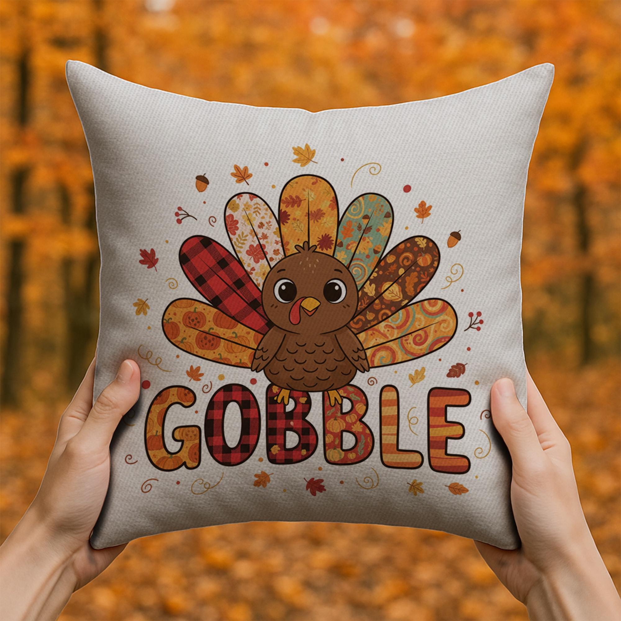 Throw Pillow: Turkey with Gobble Text and Fall Patterns