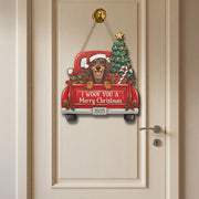 Personalized Wooden Christmas Dog Sign – Dachshund in Red Truck with Tree & Gifts