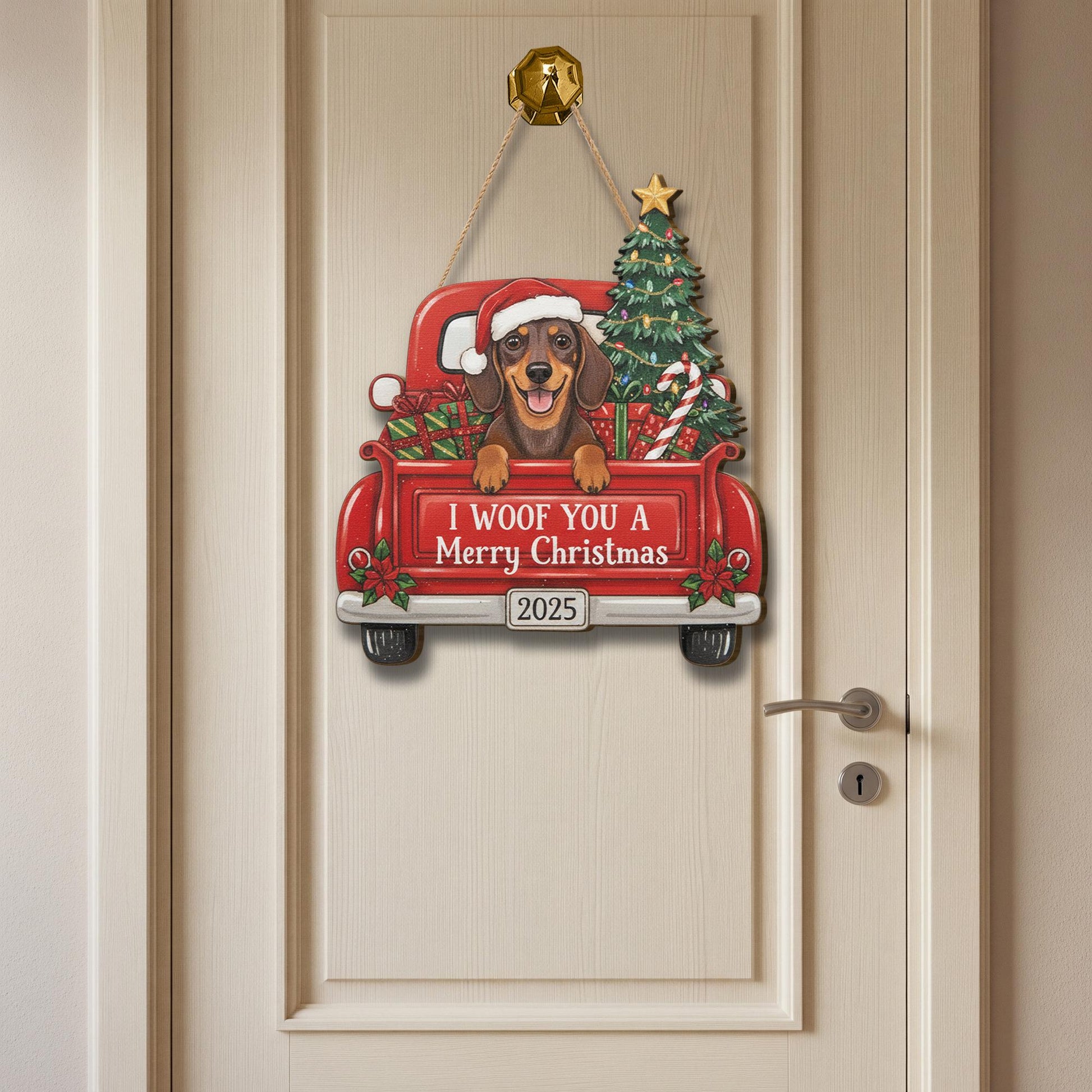 Personalized Wooden Christmas Dog Sign – Dachshund in Red Truck with Tree & Gifts