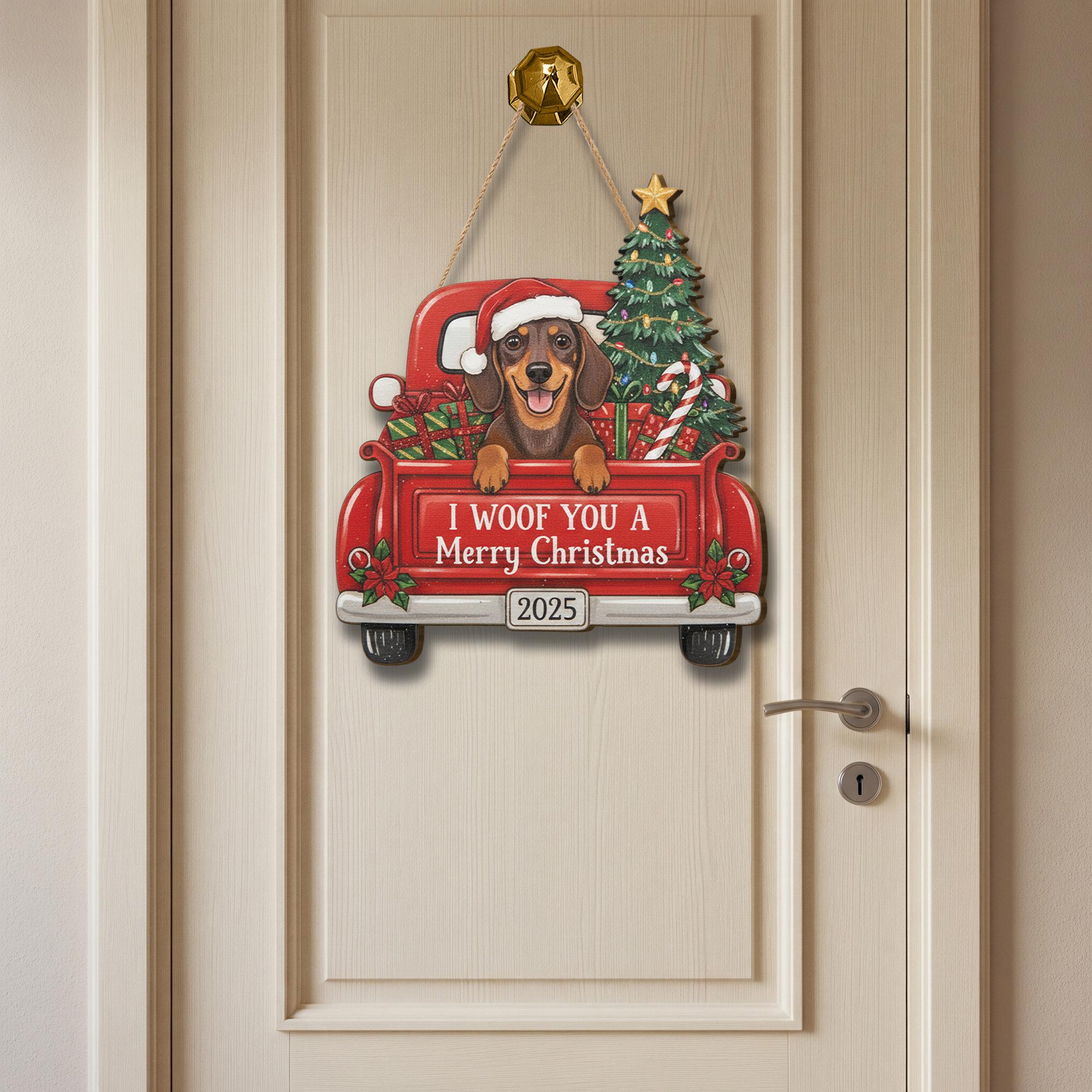 Personalized Wooden Christmas Dog Sign – Dachshund in Red Truck with Tree & Gifts