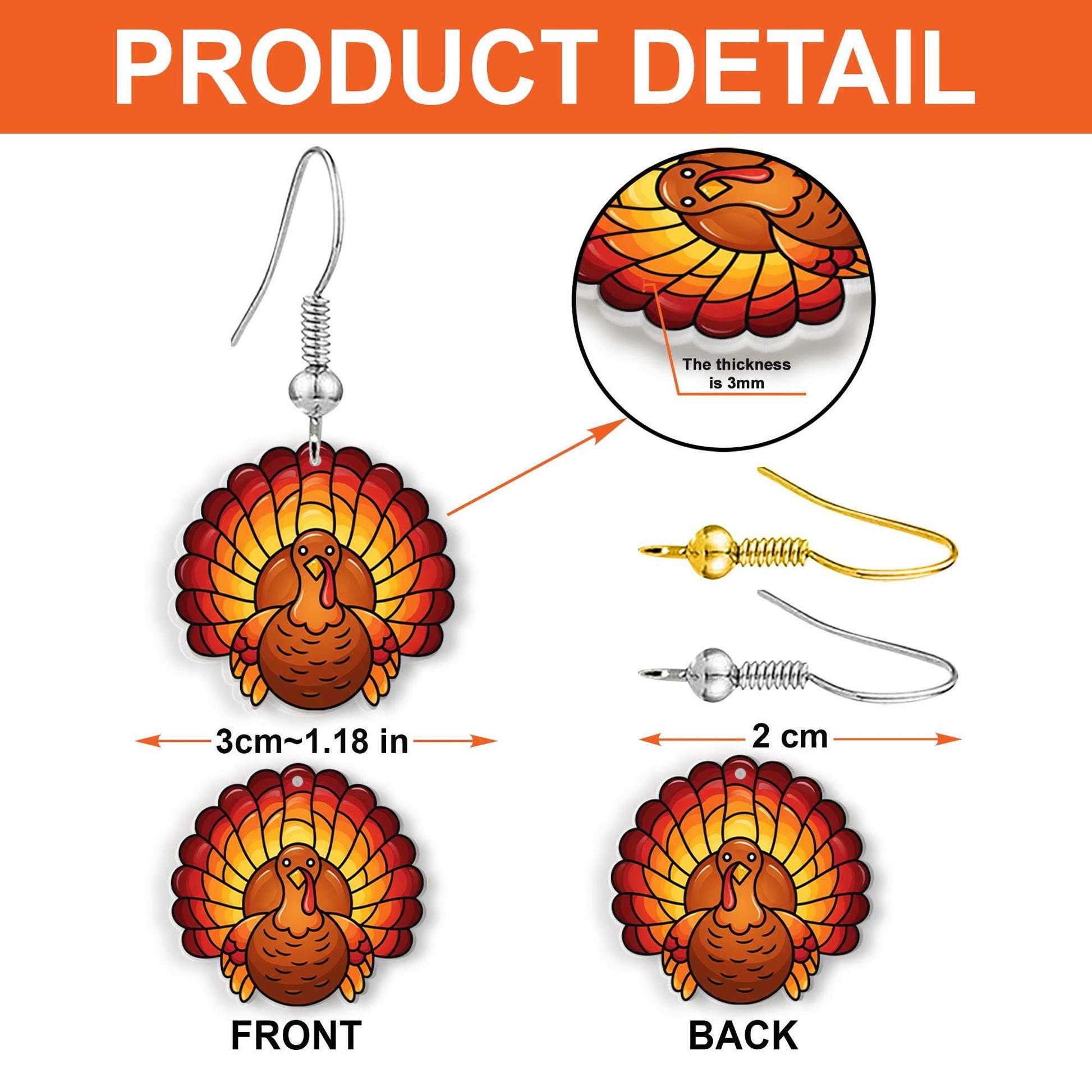 Turkey Earrings: Acrylic Drop Earrings, Fall Thanksgiving Jewelry
