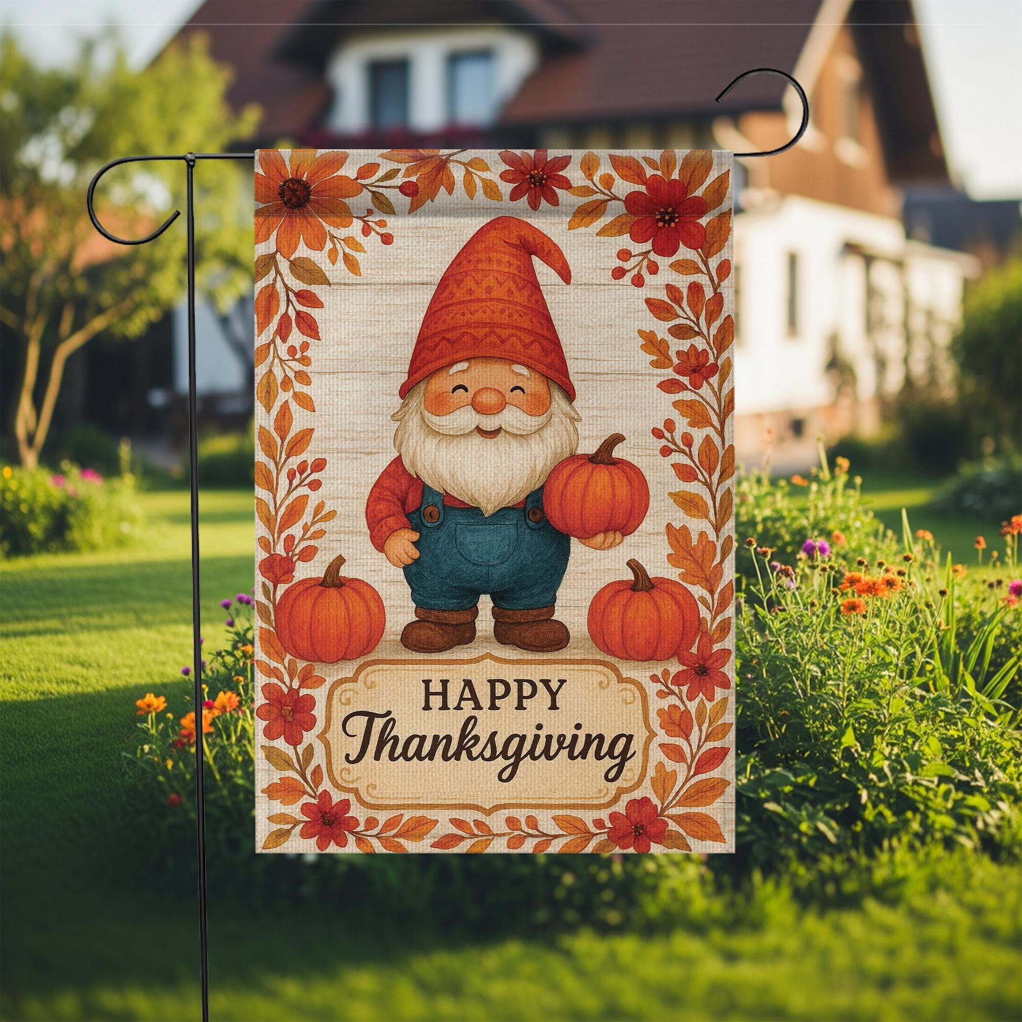 Happy Thanksgiving Garden Flag: Fall Gnome Pumpkin Yard Decor