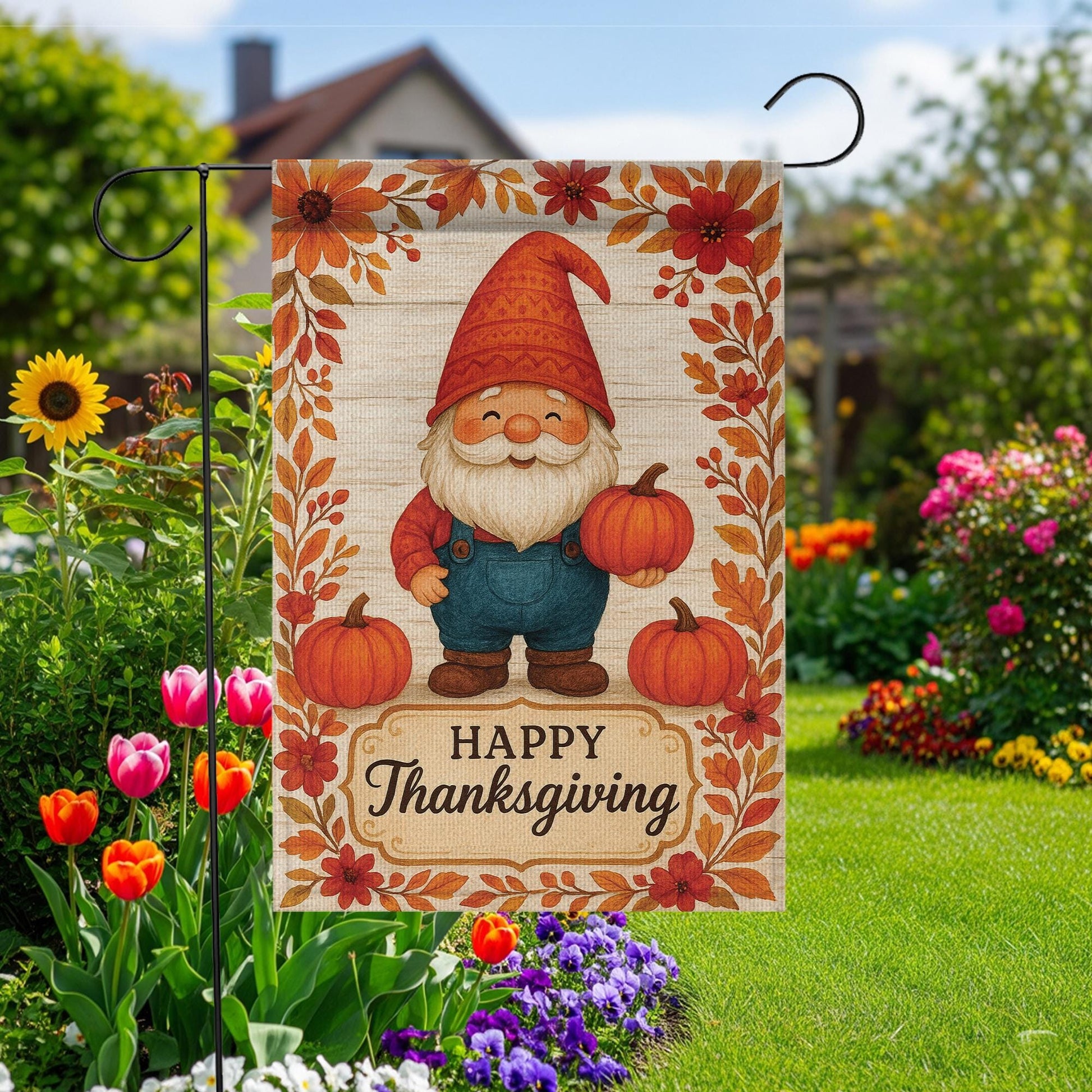 Happy Thanksgiving Garden Flag: Fall Gnome Pumpkin Yard Decor