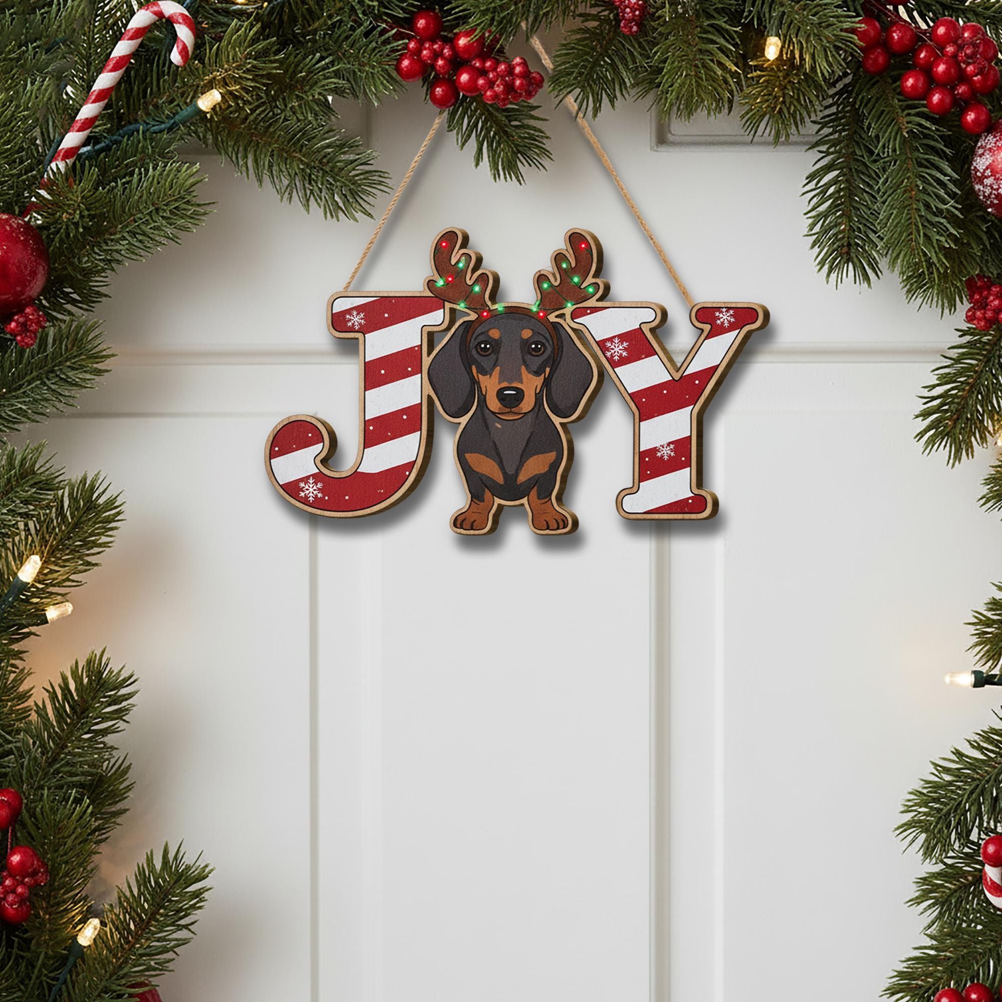 Wooden Dachshund Christmas Sign: Rustic JOY Holiday Door Hanger