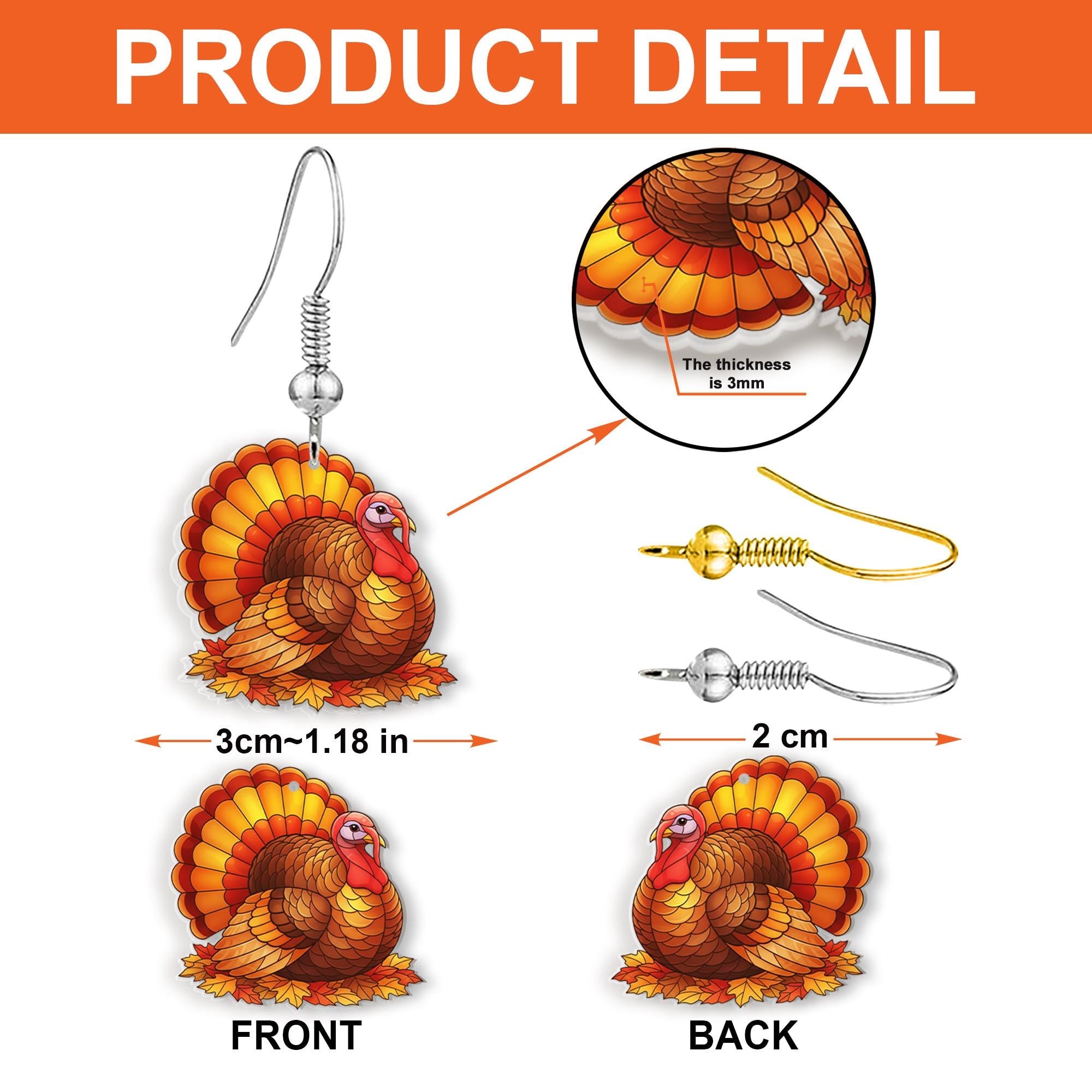 Turkey Earrings: Acrylic Dangle Earrings, Fall Thanksgiving Jewelry