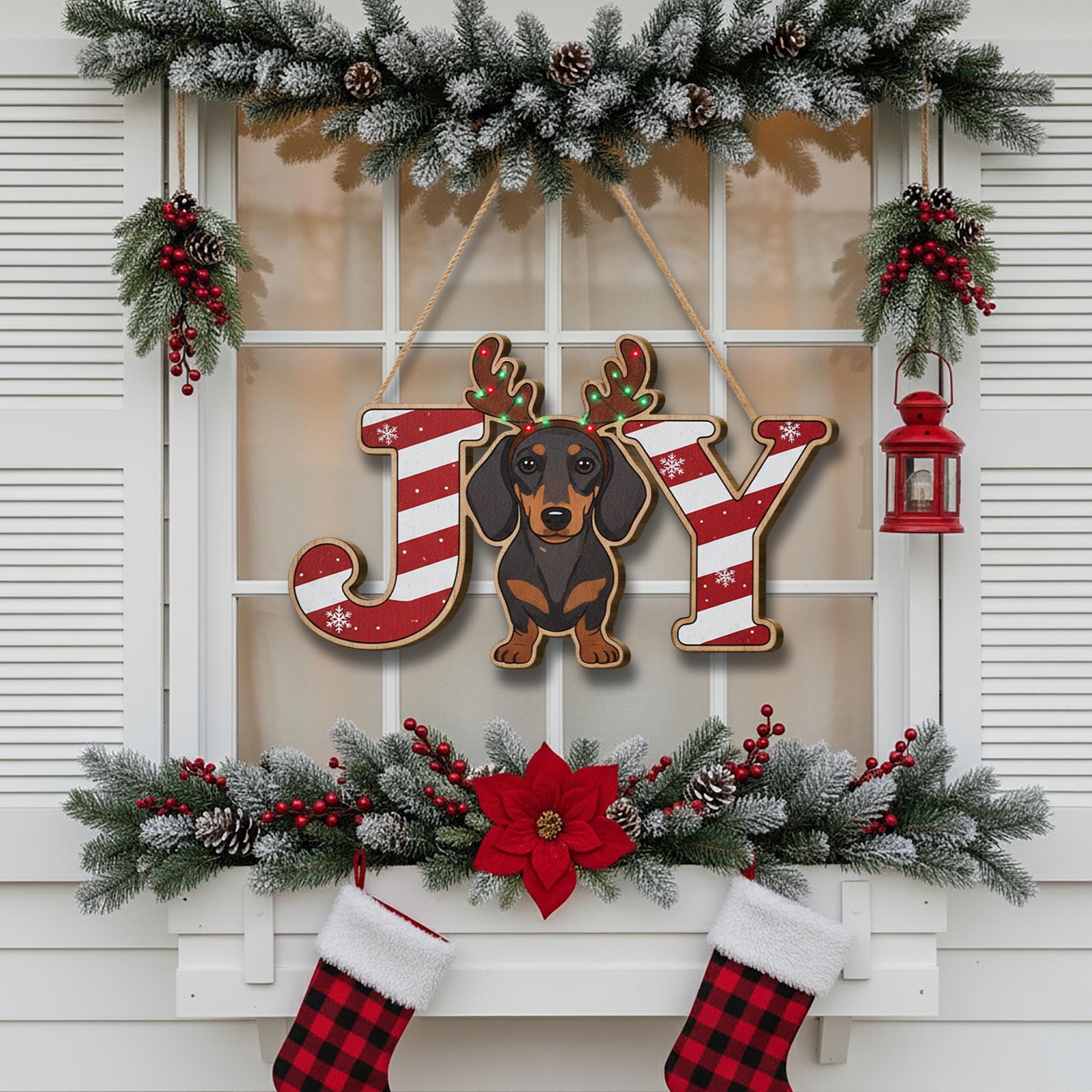 Wooden Dachshund Christmas Sign: Rustic JOY Holiday Door Hanger