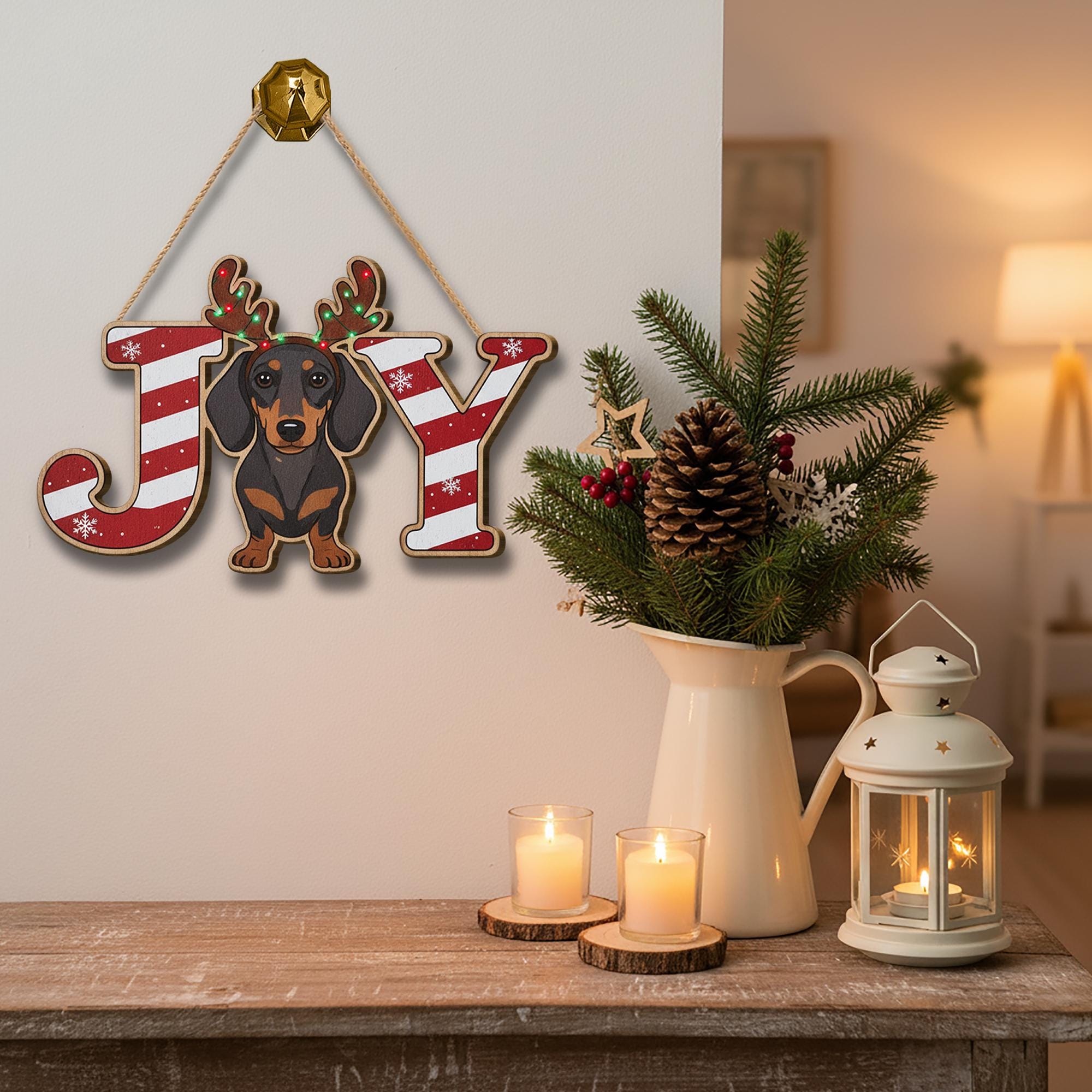 Wooden Dachshund Christmas Sign: Rustic JOY Holiday Door Hanger