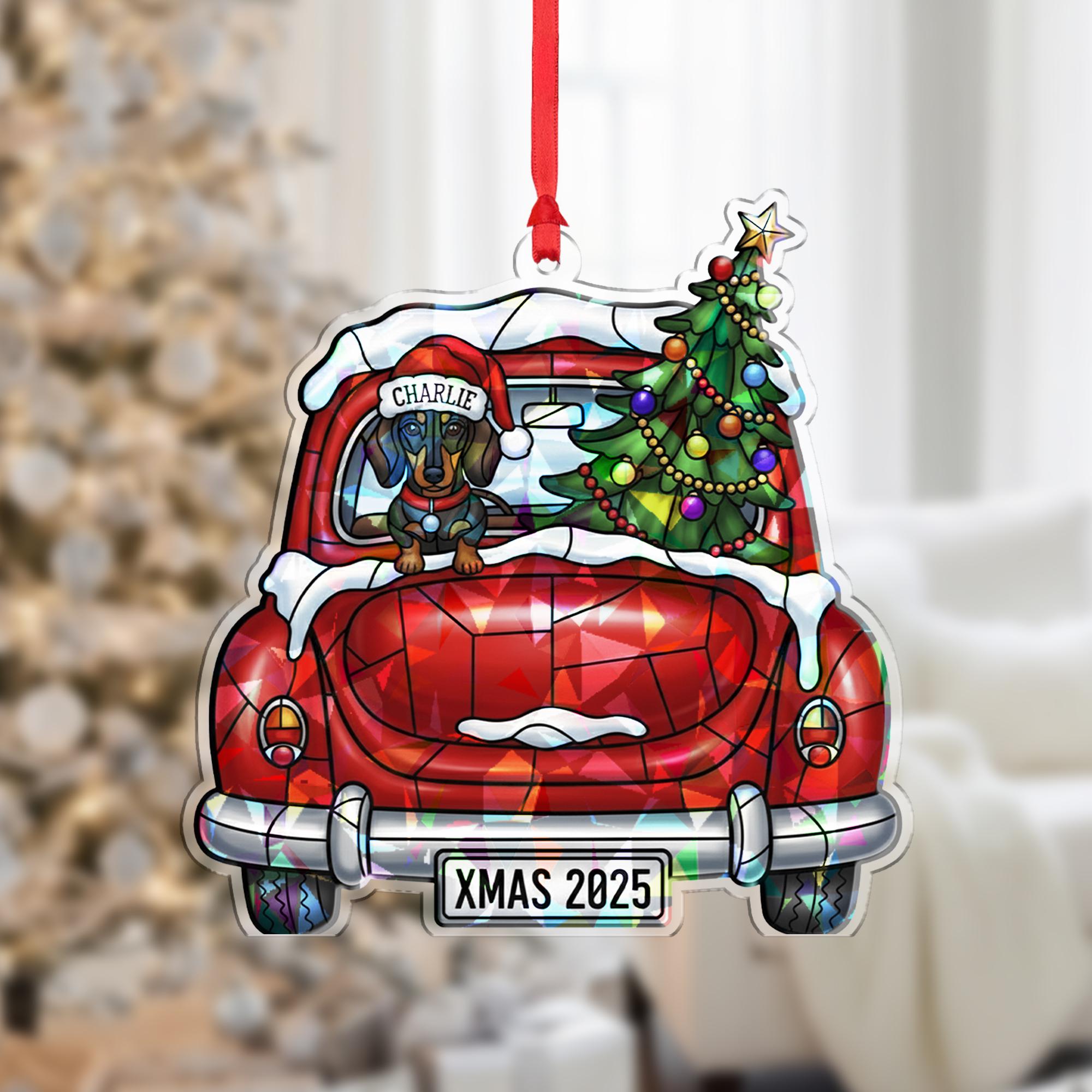 Personalized Dog Ornament – Dachshund in Car with Christmas Tree, Custom Name, Xmas Decoration