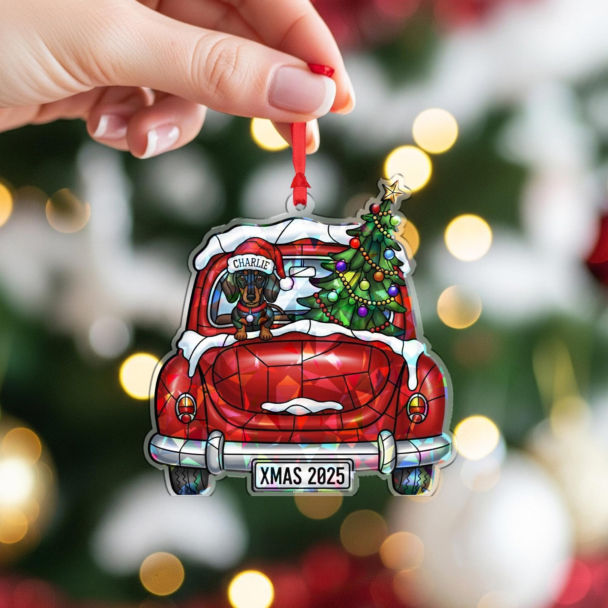 Personalized Dog Ornament – Dachshund in Car with Christmas Tree, Custom Name, Xmas Decoration