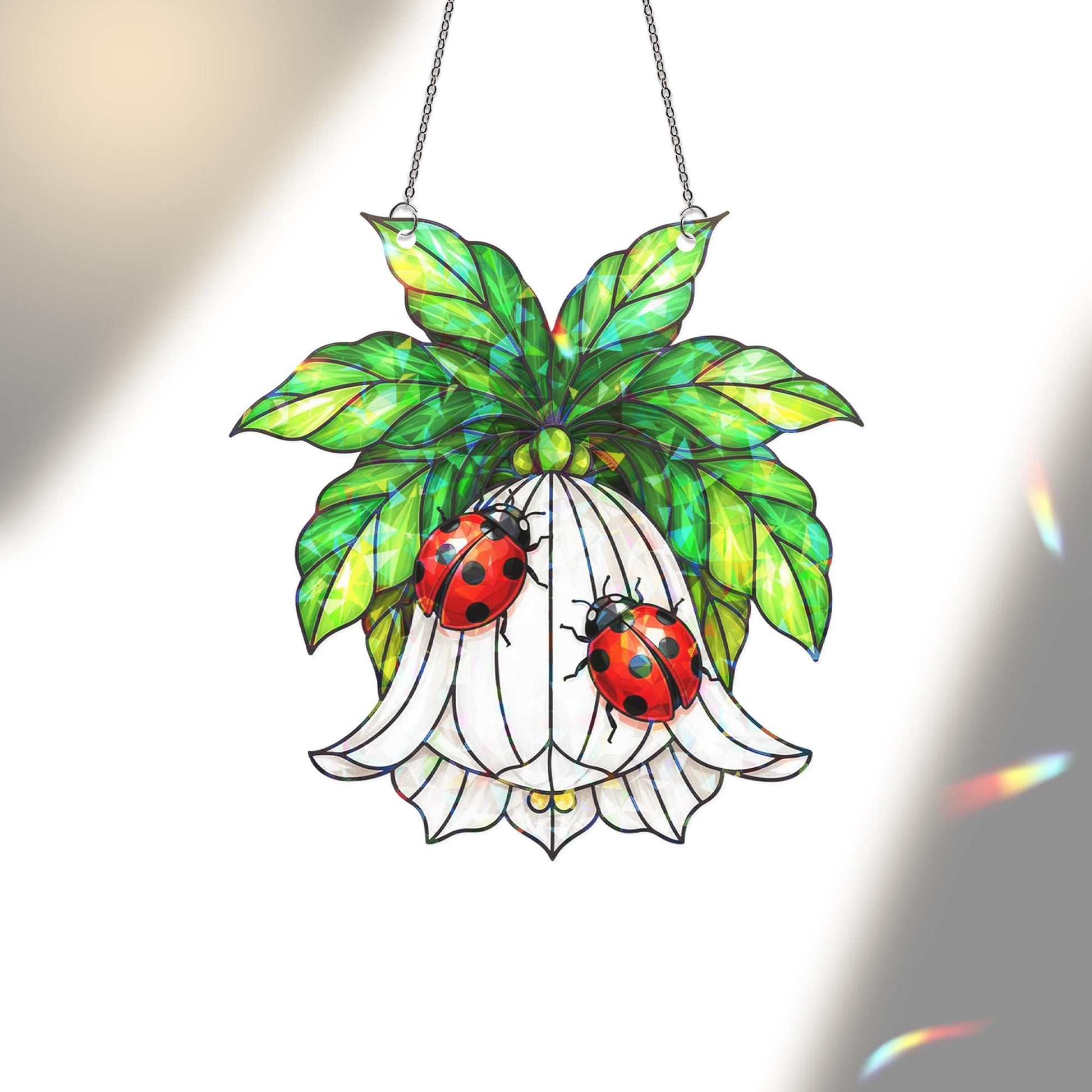 Acrylic Suncatcher: Holographic Window Hanging, Ladybug Flower Design