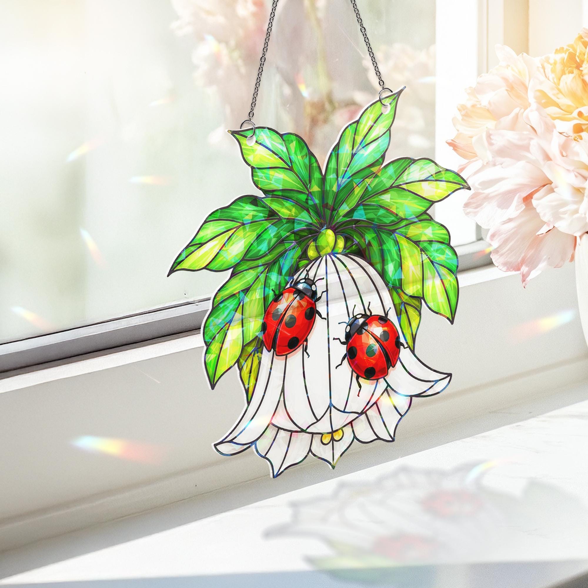 Acrylic Suncatcher: Holographic Window Hanging, Ladybug Flower Design
